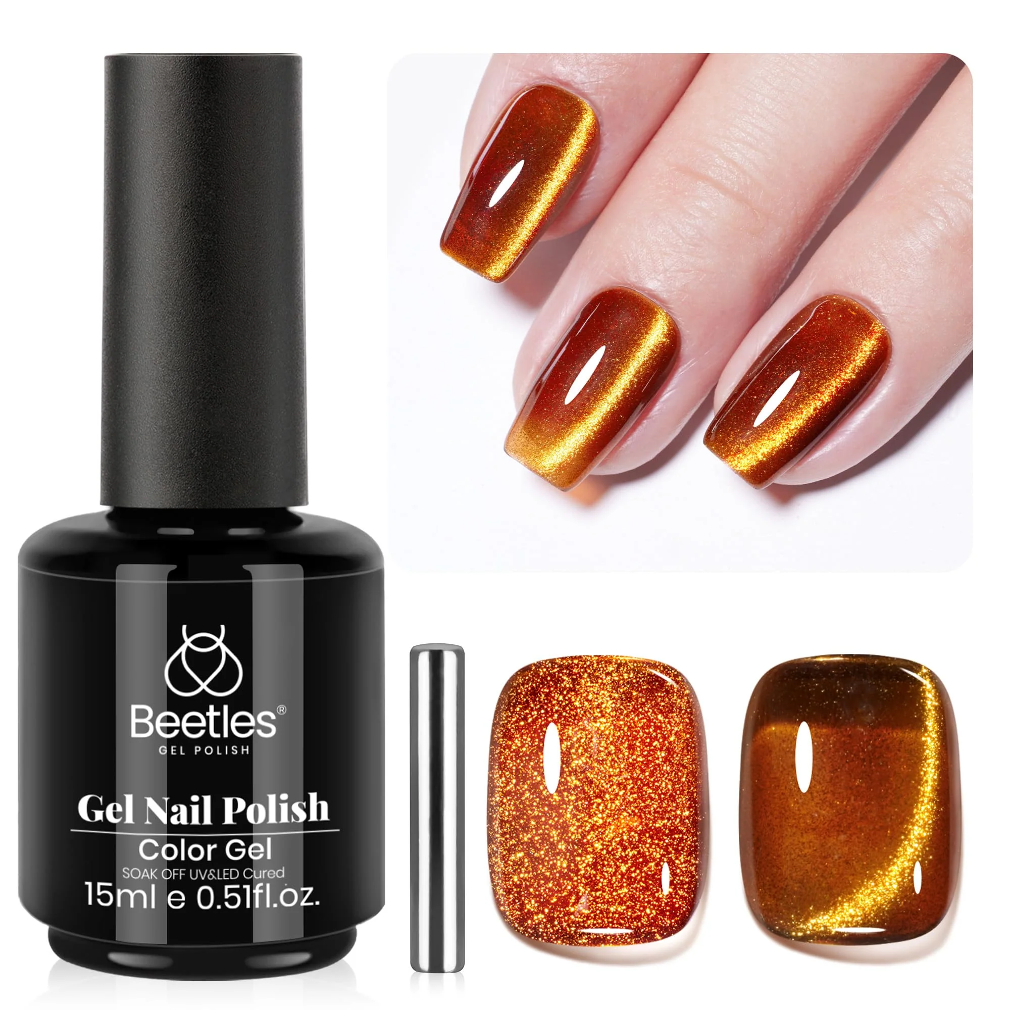 Amber Glint Nails - 15ML Fall Brown Gold Powder Glass Cat Eye Magnetic Glitter Gel Polish - Image 8