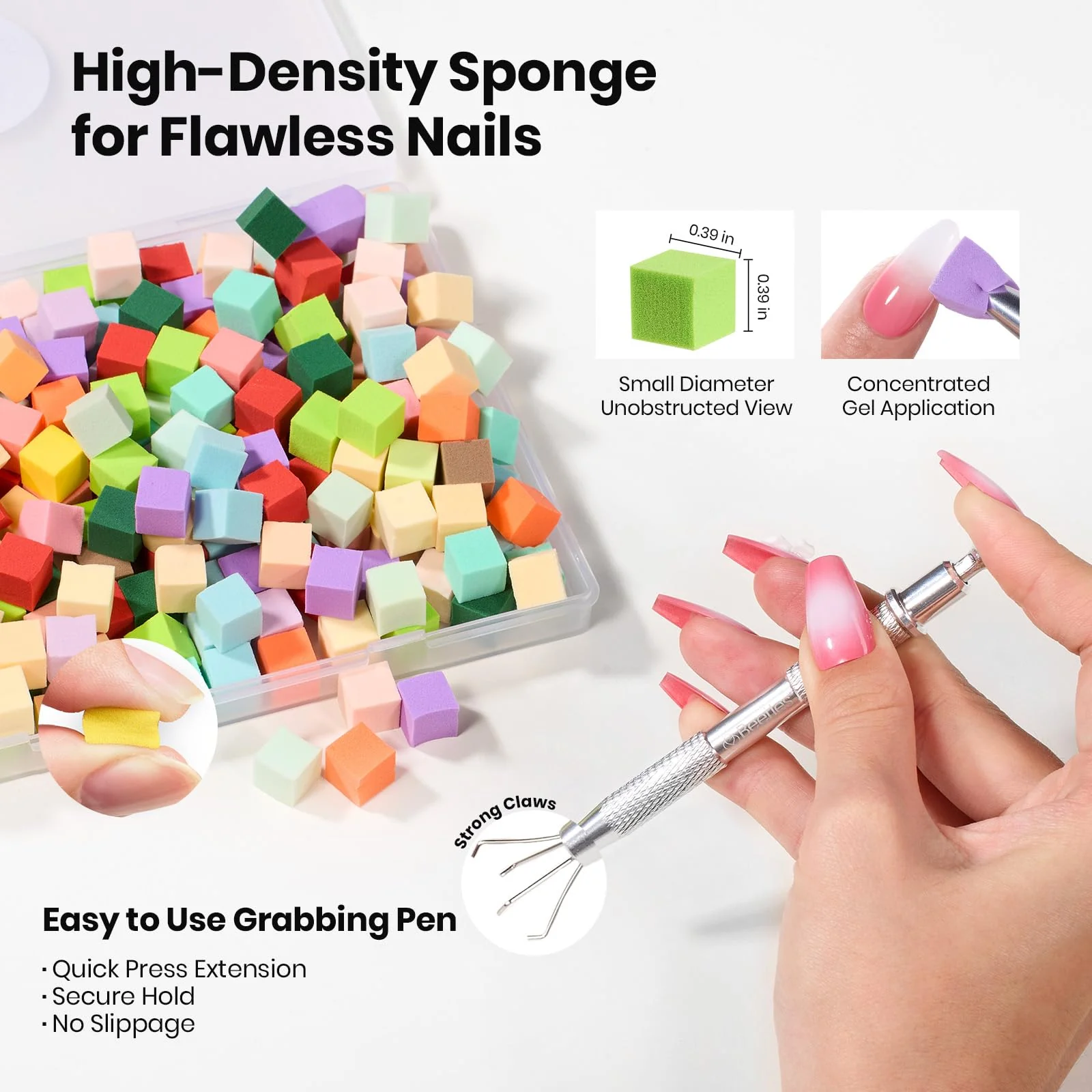 Beetles 150Pcs Soft Nail Sponges for Ombre Colorful Nail Sponge with Grabbing Pen - White Pat Painting Gel Polish Kit - Image 2