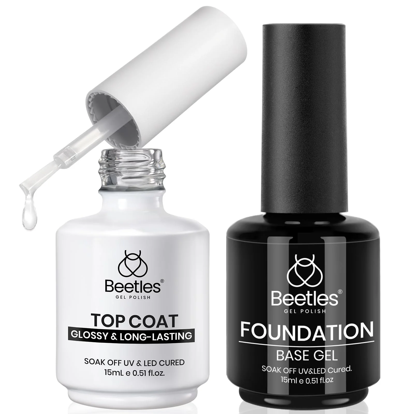 Beetles 2Pcs 15ml Gel Base and Top Coat Set - Upgrade No Wipe Extra Glossy Top Coat Finish for Gel Nail Polish