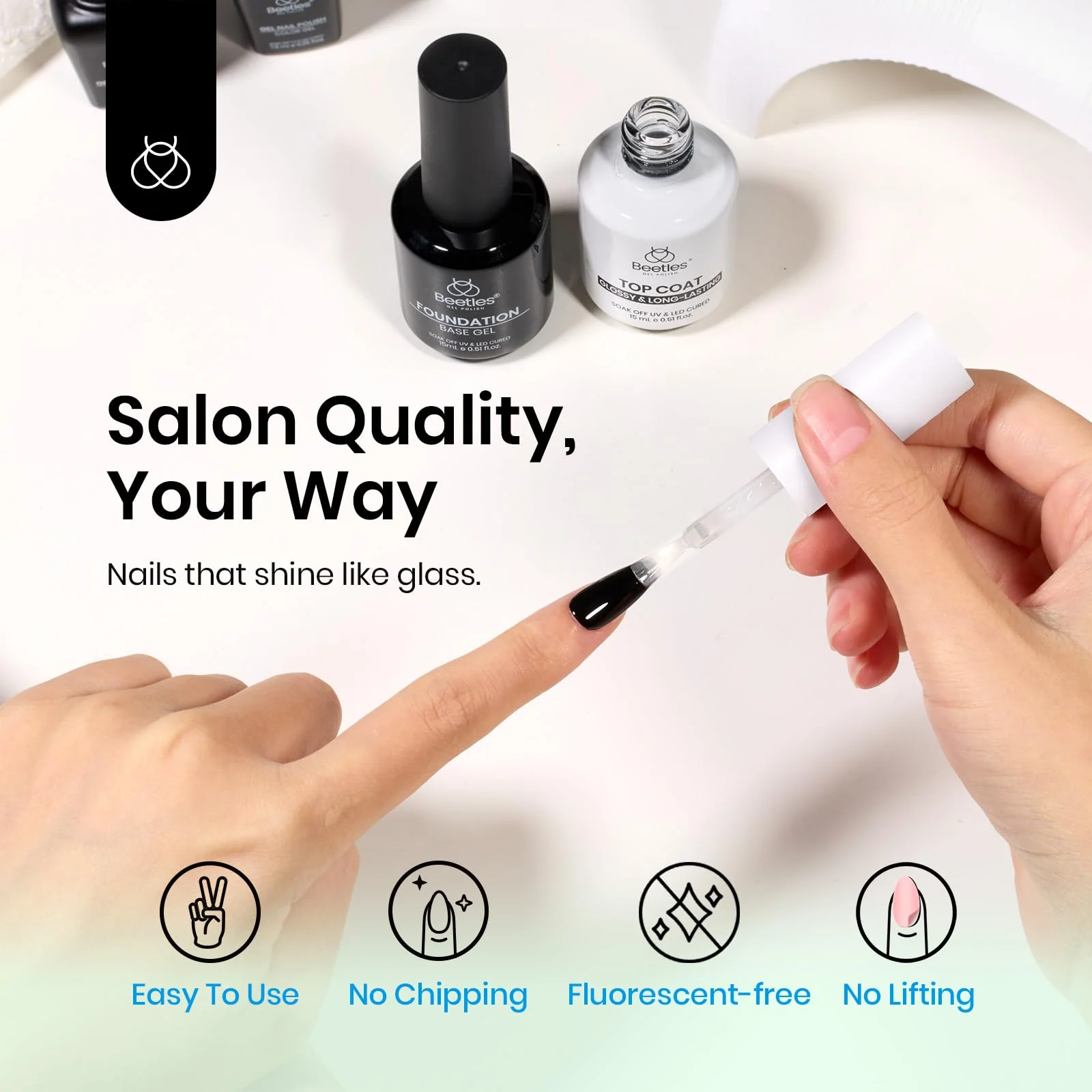 Beetles 2Pcs 15ml Gel Base and Top Coat Set - Upgrade No Wipe Extra Glossy Top Coat Finish for Gel Nail Polish - Image 5