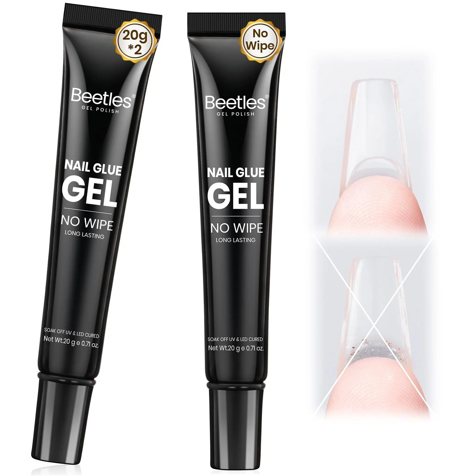 Beetles 2Pcs 20g Nail Glue Gel, No Wipe, Hands-Free Tipex Solid Nail Glue Gel