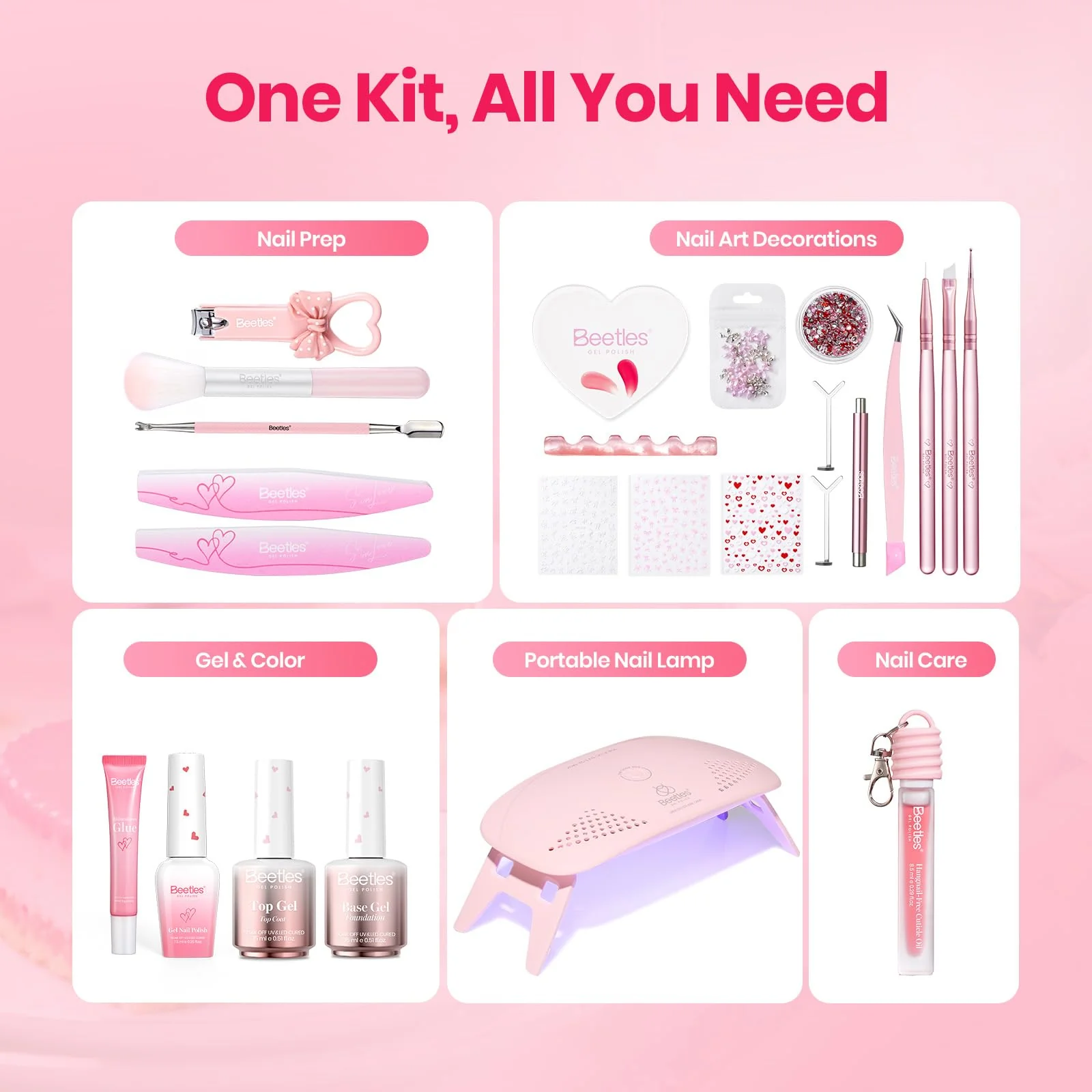 Beetles Gel Nail Starter Kit 6 Colors Red Cat Eye Gel Pink Jelly Glitter 30 Pcs All-in-One Mani Kit - Image 4
