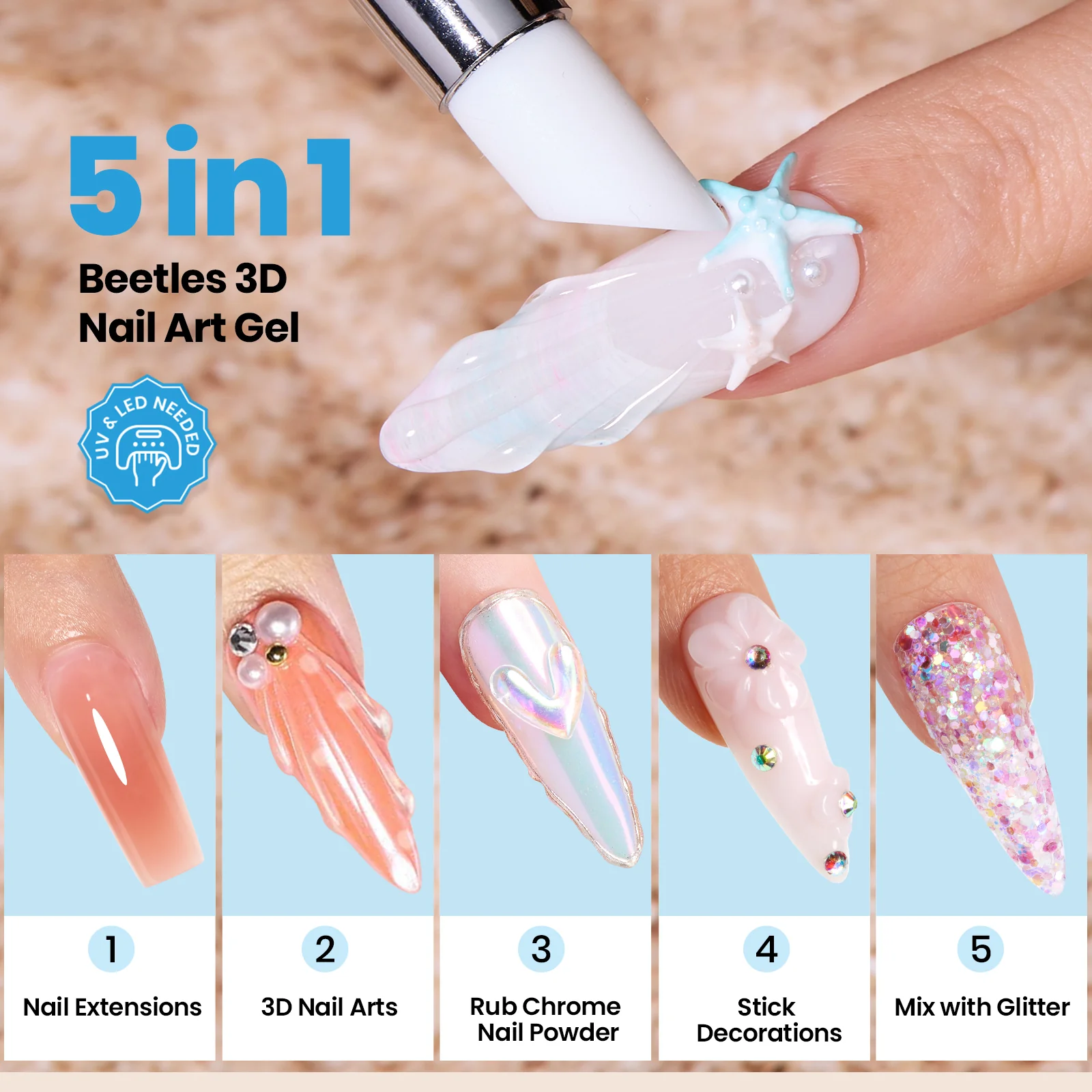 Beetles 3D Gel Nail Art with 3D Mold-2 Pcs Sandy Glow Clear and White Solid Builder Gels for Summer Nails Non-Sticky Sculpting with Dual-Ended Sculpture Pen UV LED Lamp Needed - Image 3