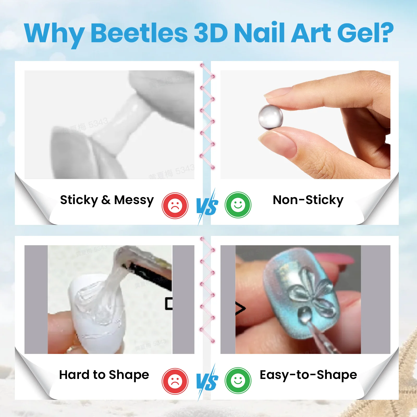 Beetles 3D Gel Nail Art with 3D Mold-2 Pcs Sandy Glow Clear and White Solid Builder Gels for Summer Nails Non-Sticky Sculpting with Dual-Ended Sculpture Pen UV LED Lamp Needed - Image 5