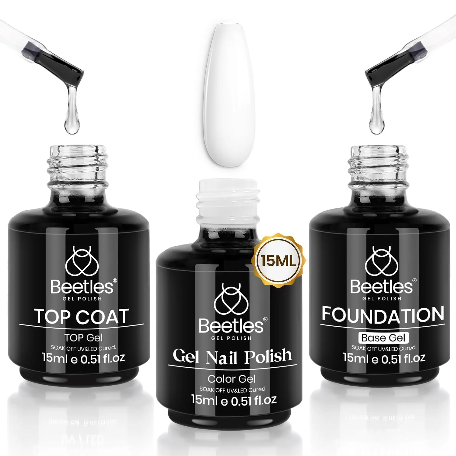 Beetles 3Pcs 15ml White Gel Nail Polish and No Wipe Gel Top Coat & Base Coat Set