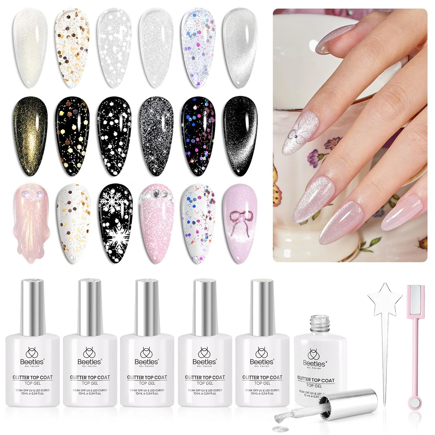 Limited Edition Box Beetles 8 Pcs No Wipe Glitter Gel Top Coat Set