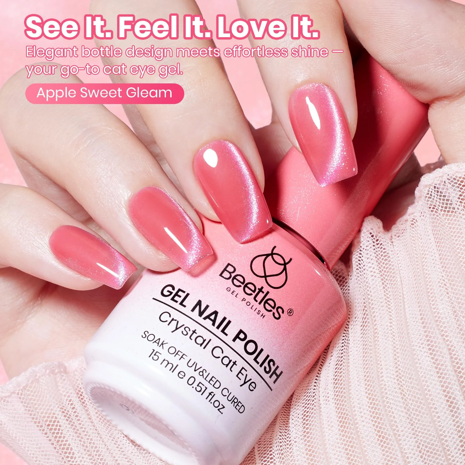 Beetles Apple Sweet Gleam Pink Cat Eye Gel Nail Polish - 15ML Glitter Pink Cat Eye Gel Polish - Image 7