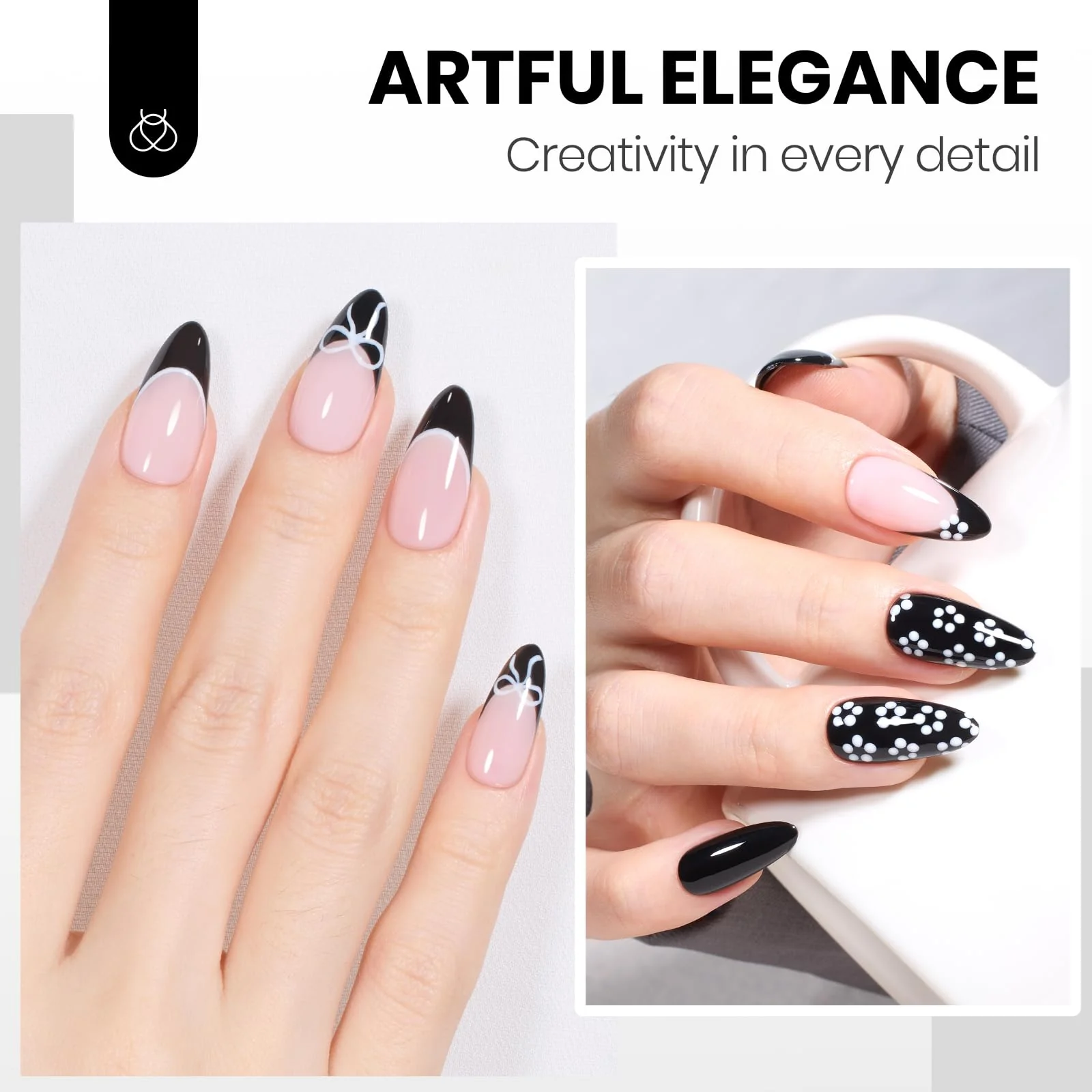 Beetles Black White Gel Polish Kit - Simple Black & White Colors Collection, 2pc 15ML Hema-Free French Nails - Image 4