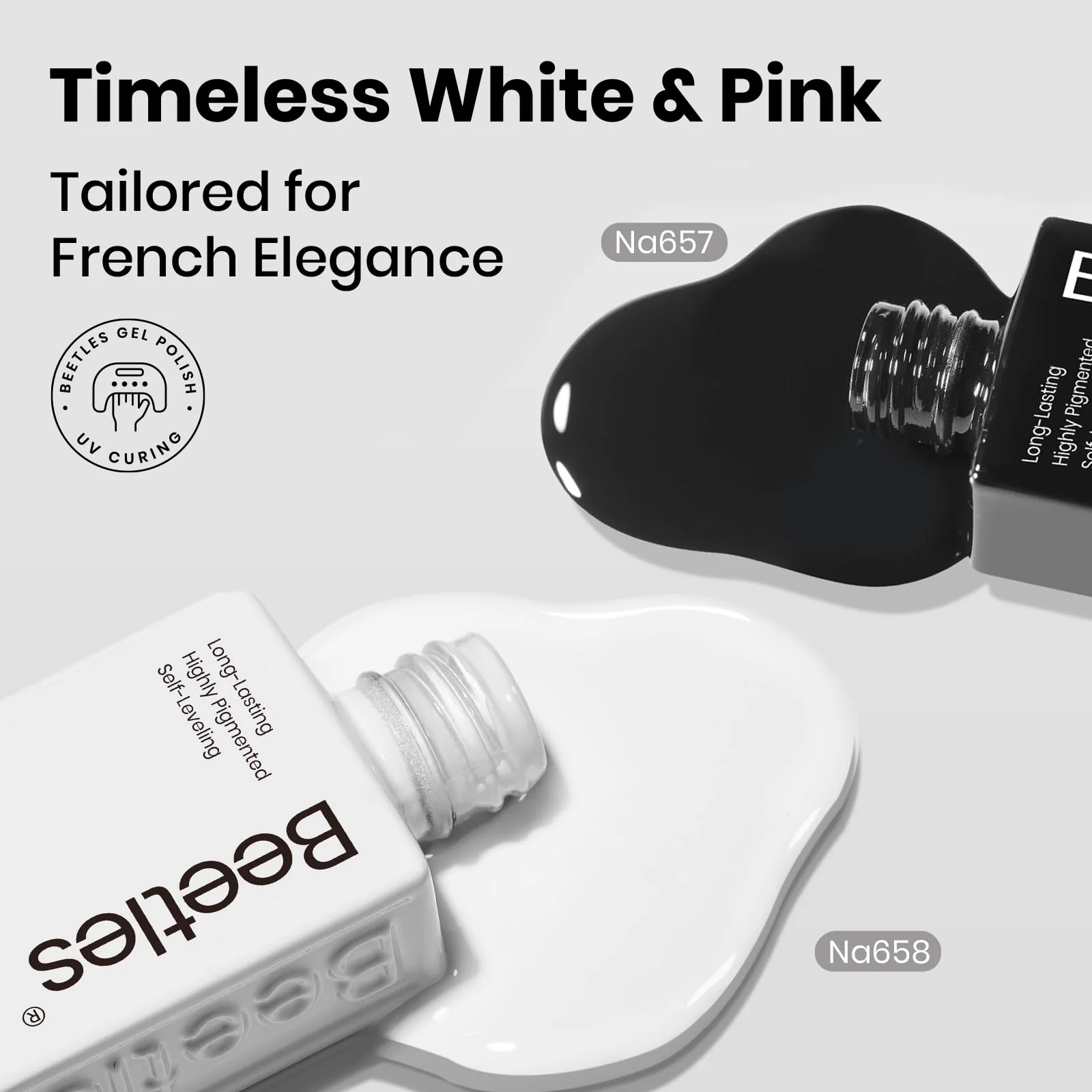 Beetles Black White Gel Polish Kit - Twin Dialogue Collection, 4pc 10ML French Nail Kit Hema-Free Black and White Colors with Base Top Coat - Image 3