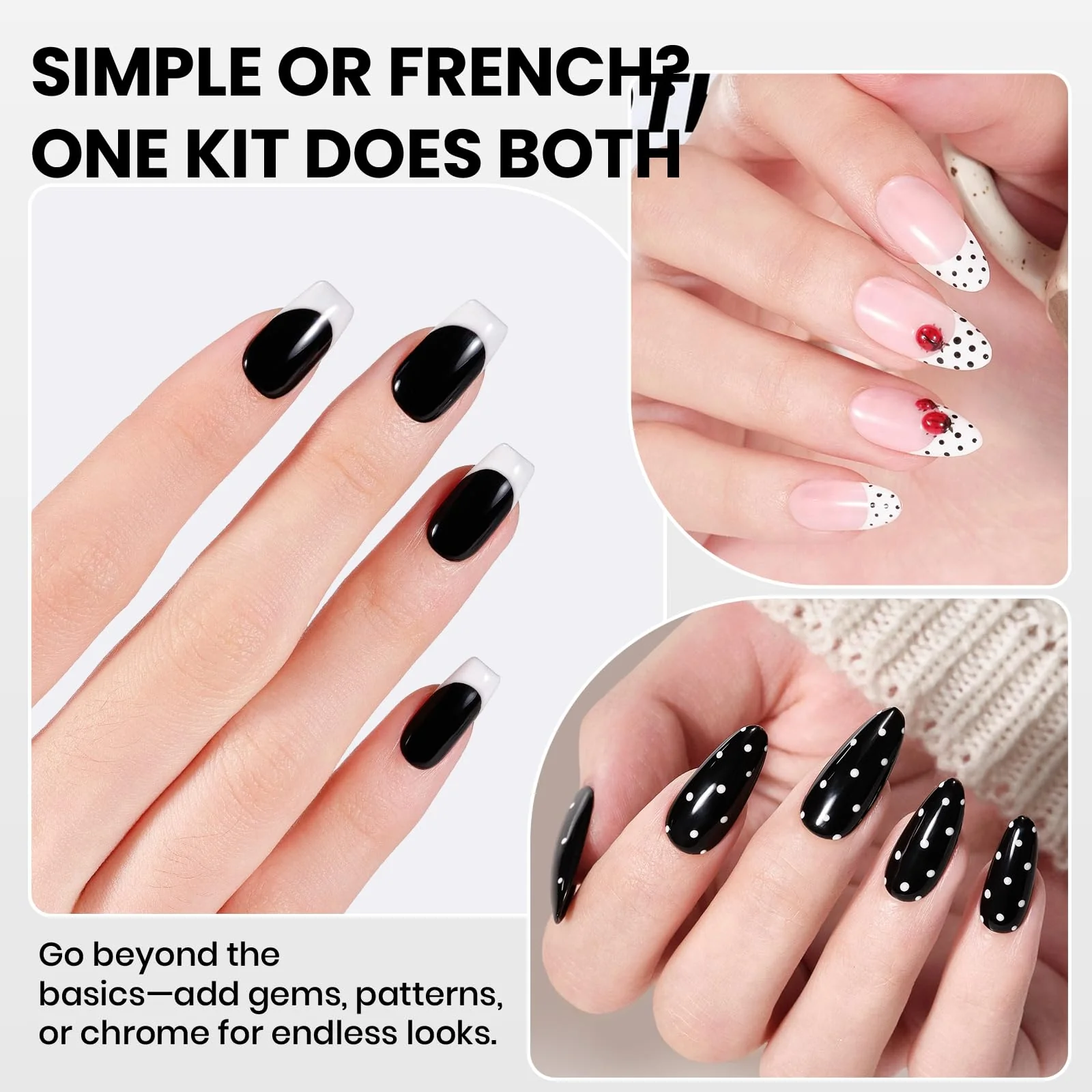 Beetles Black White Gel Polish Kit - Twin Dialogue Collection, 4pc 10ML French Nail Kit Hema-Free Black and White Colors with Base Top Coat - Image 5