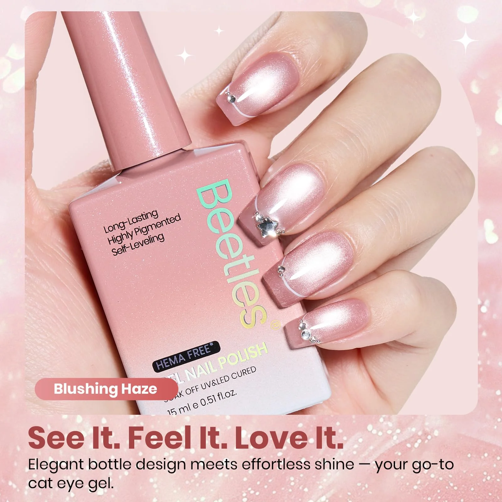 Beetles Blushing Haze Pink Cat Eye Gel Nail Polish 15ML Glitter Gel Polish Magnetic Translucent Glassy Effect - Image 5
