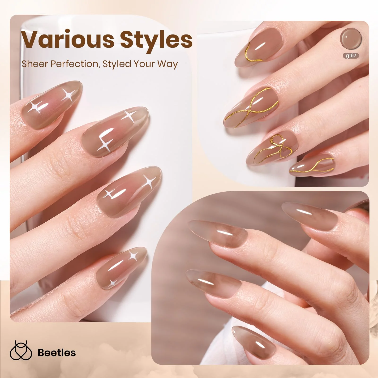 Beetles Brown Jelly Gel Nail Polish  Nails - 15ML Soft Brew Natural Nude Brown Gel Polish Sheer Fall Gel Polish Nail - Image 4