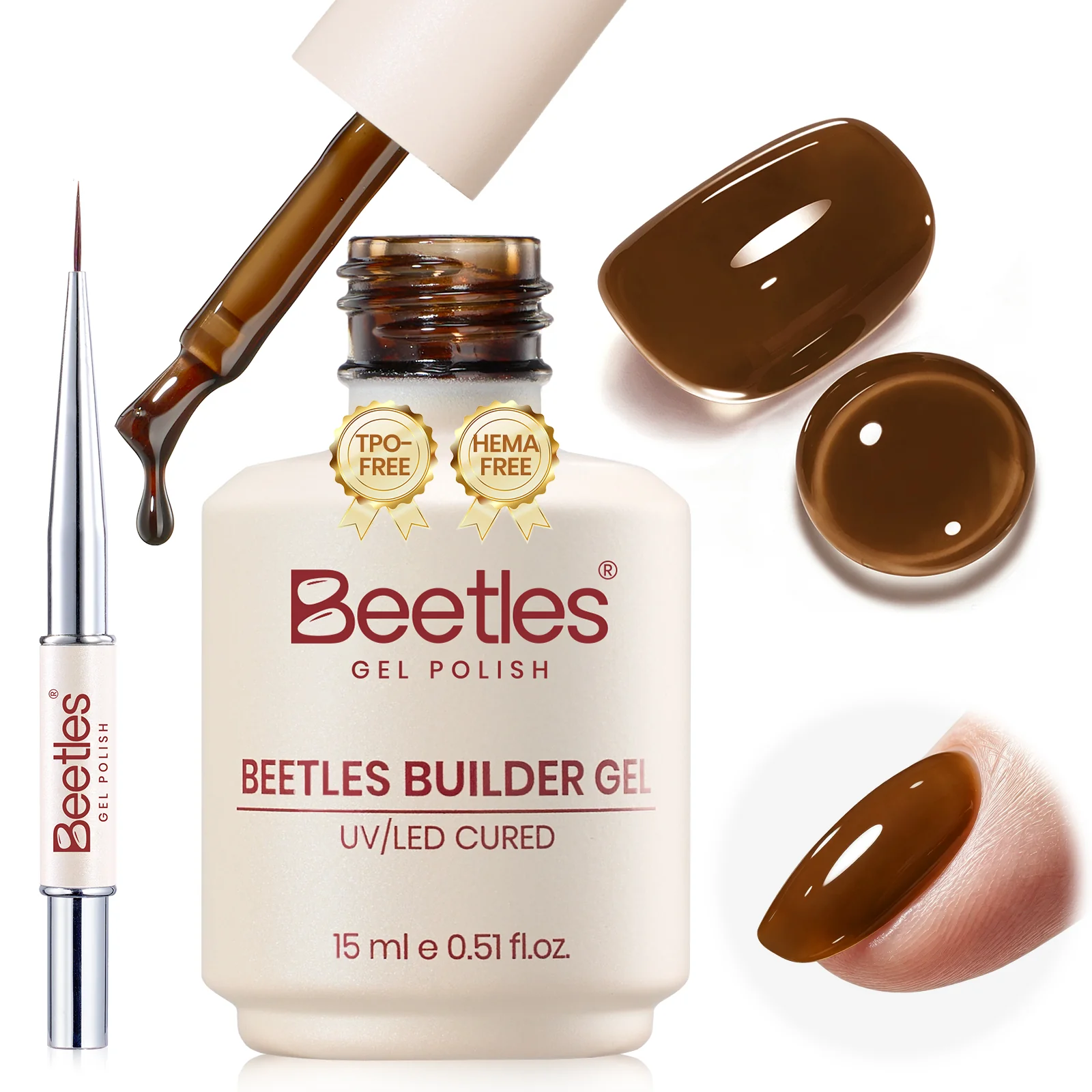 Beetles Builder Gel Nail Kit HEMA & TPO-Free, Cocoa Muse Brown with Nail Art Brush, 8 in 1 for Building Strengthening & Extension, Beginner Friendly DIY Salon at Home, UV LED Lamp Needed