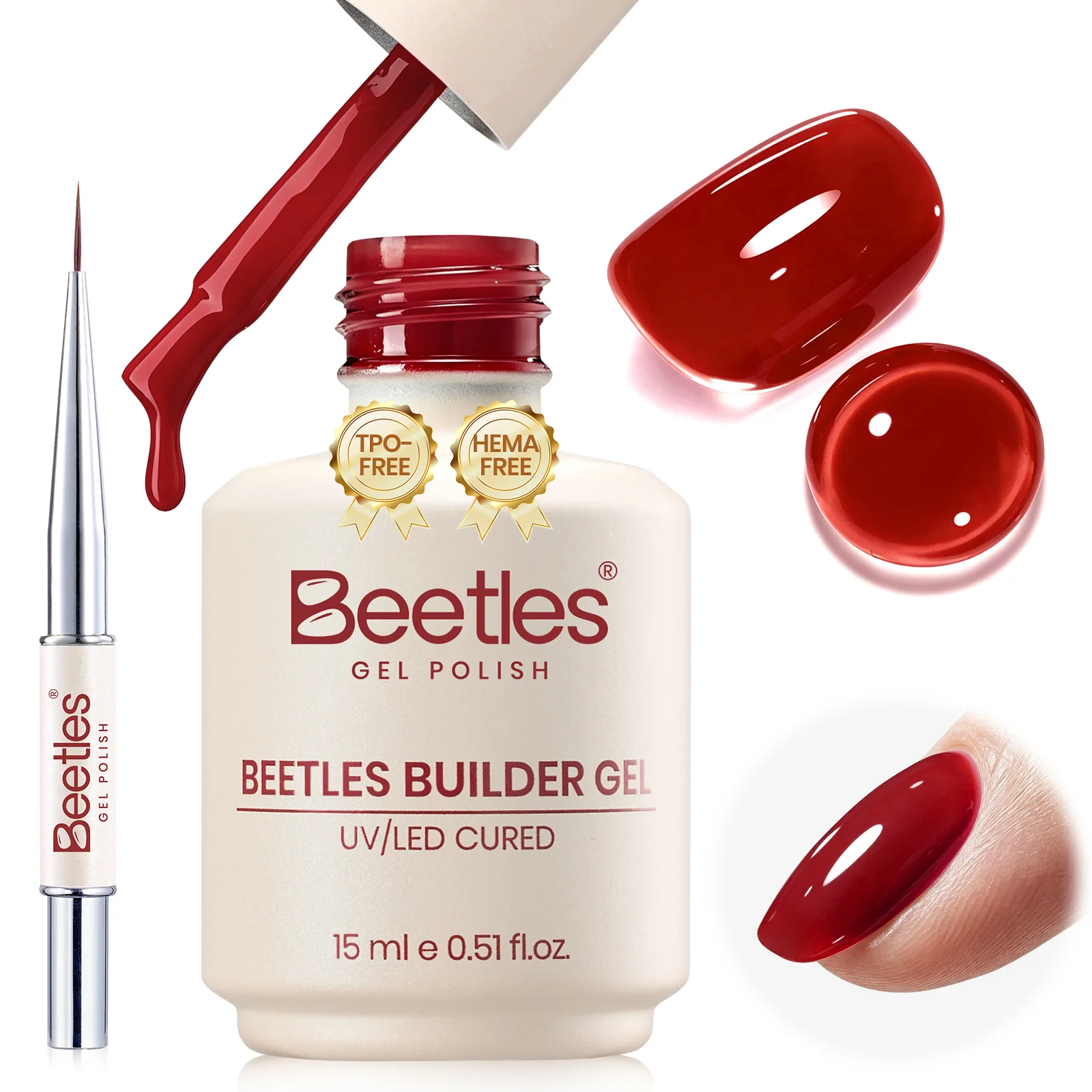 Beetles Builder Gel Nail Kit HEMA & TPO-Free, Crystal Rose Red with Nail Art Brush, 8 in 1 for Building Strengthening & Extension, Beginner Friendly DIY Salon at Home, UV LED Lamp Needed
