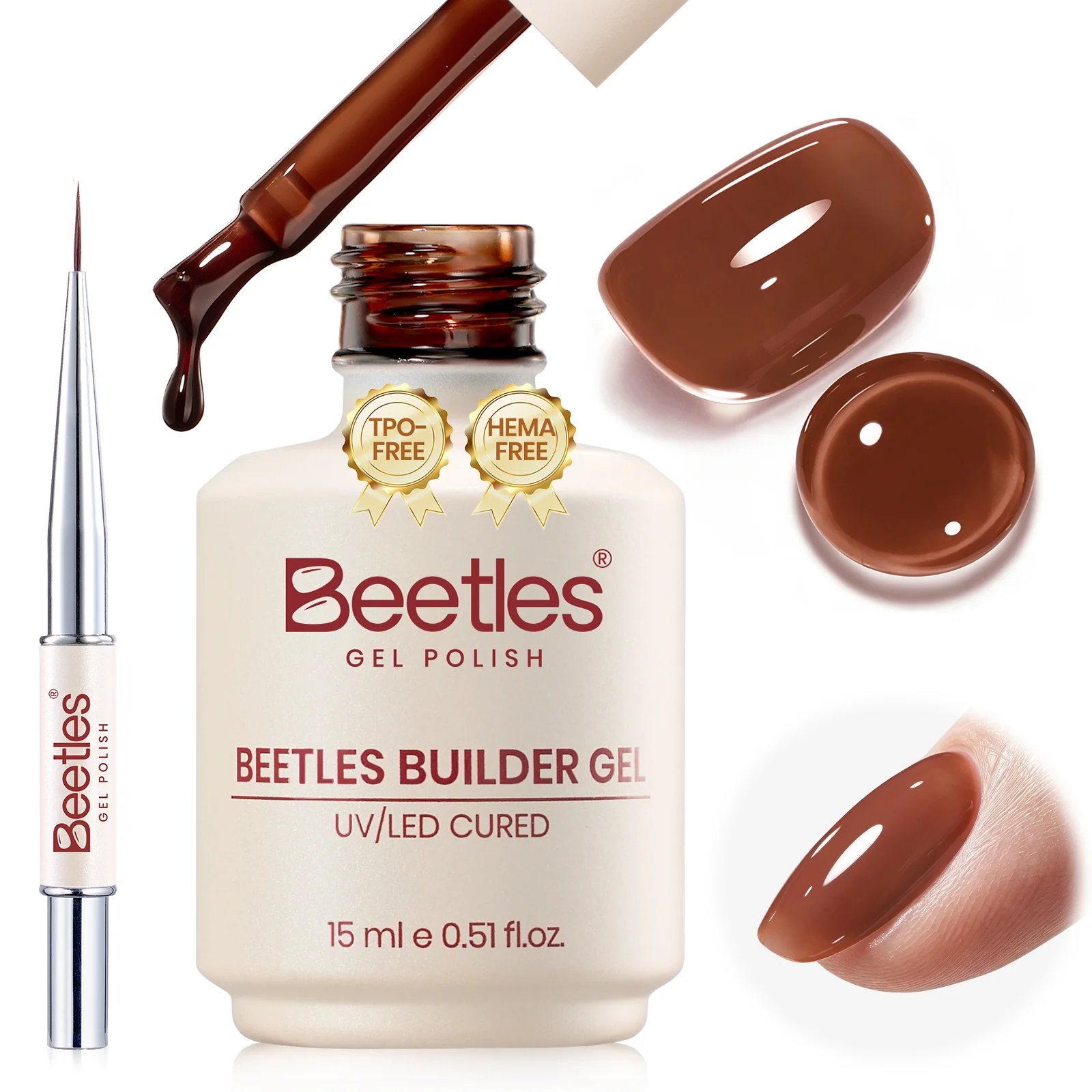 Beetles Builder Gel Nail Kit HEMA & TPO-Free, Maple Ember Brown with Nail Art Brush, 8 in 1 for Building Strengthening & Extension, Beginner Friendly DIY Salon at Home, UV LED Lamp Needed