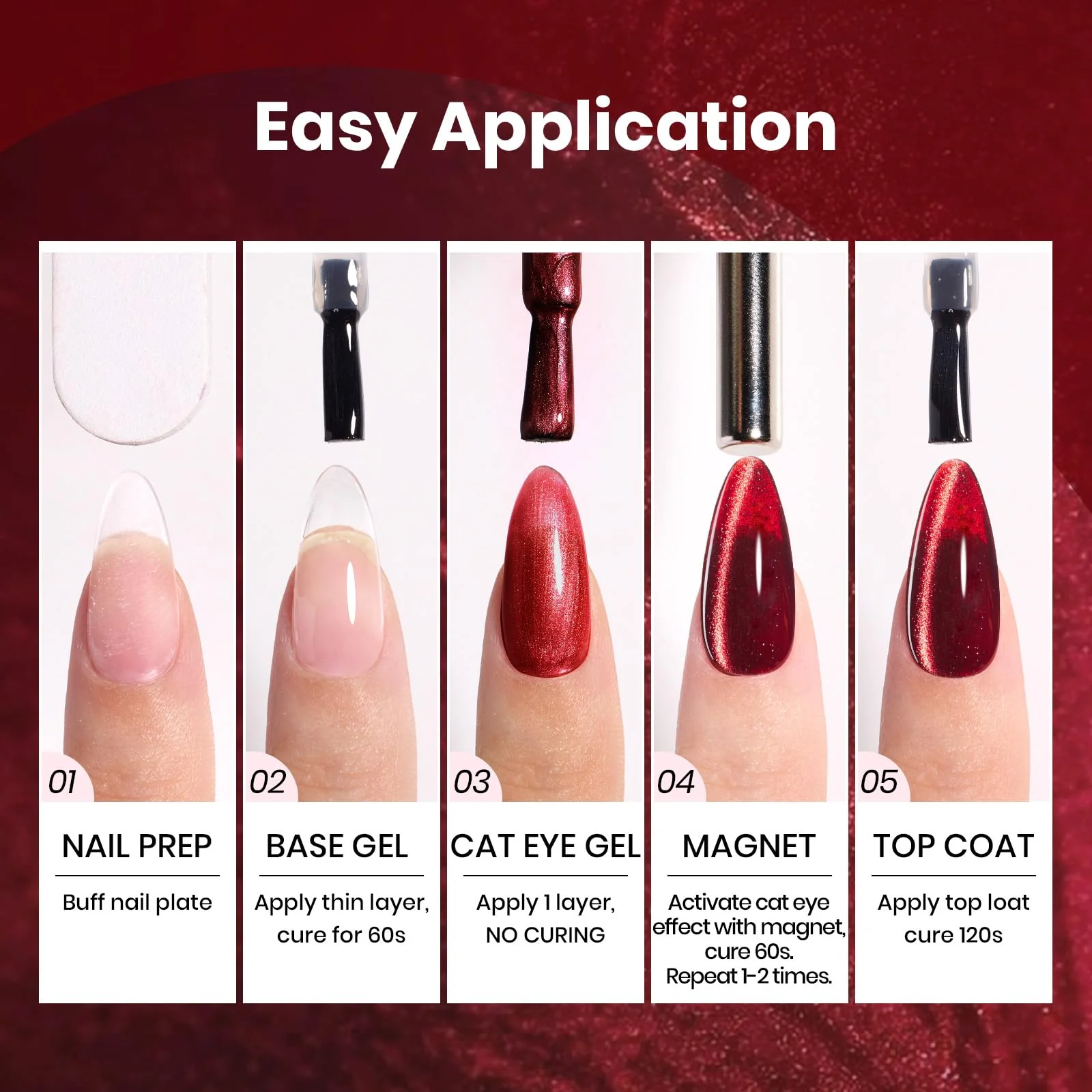 Beetles Cat Eye Gel Nail Polish Set - 6 Colors 15ML Glitter Gel Polish Kit Red Pink Brown Burgundy Purple Blue Green - Image 2