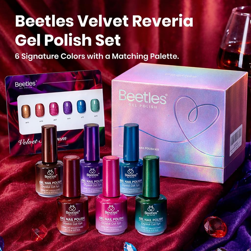 Beetles Cat Eye Gel Nail Polish Set - 6 Colors 15ML Glitter Gel Polish Kit Red Pink Brown Burgundy Purple Blue Green - Image 4