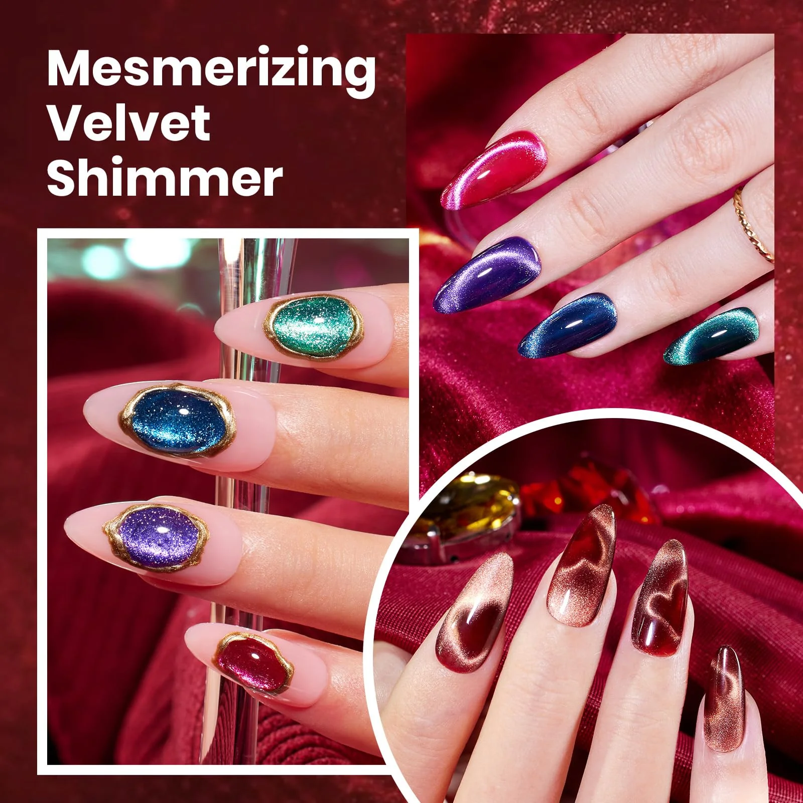 Beetles Cat Eye Gel Nail Polish Set - 6 Colors 15ML Glitter Gel Polish Kit Red Pink Brown Burgundy Purple Blue Green - Image 6