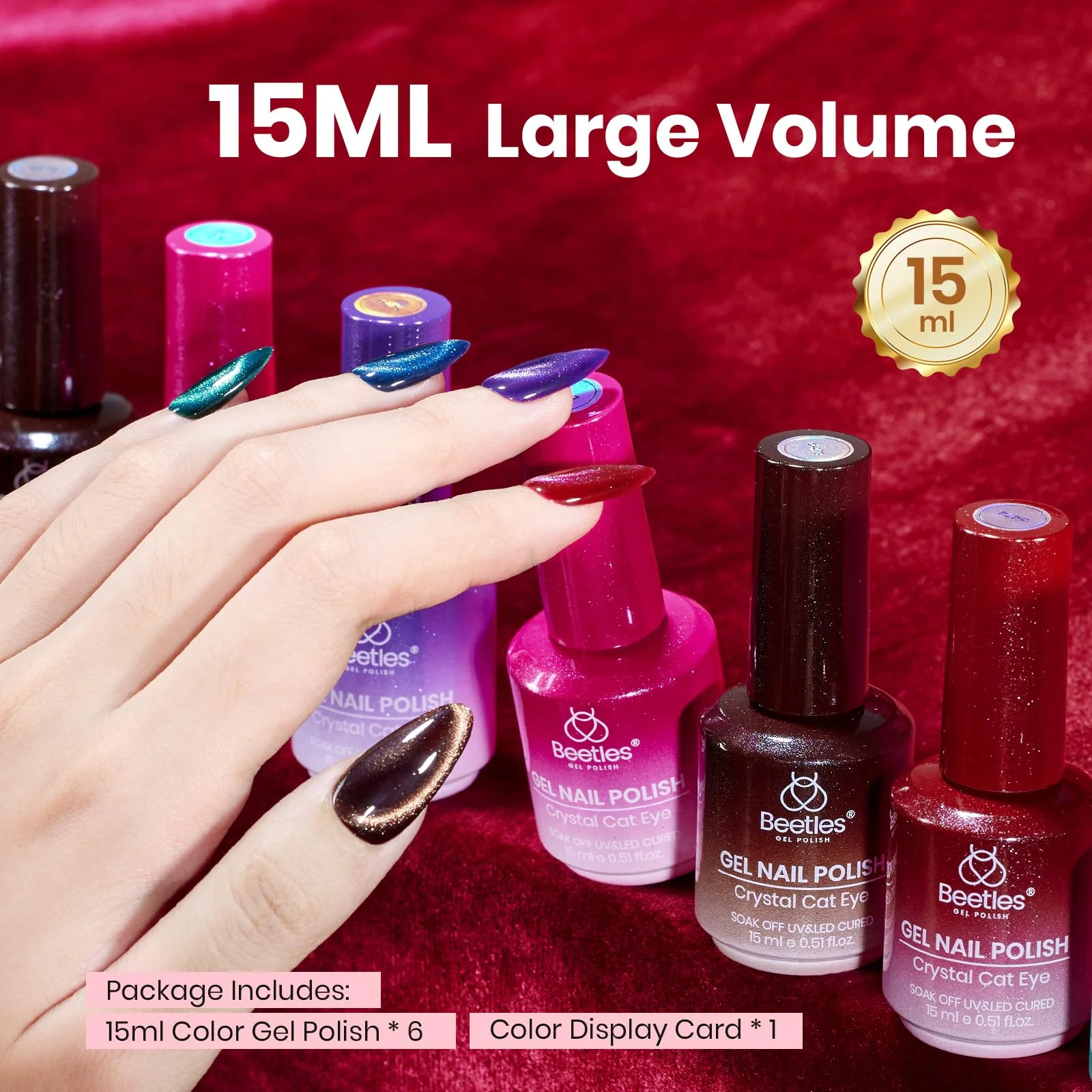 Beetles Cat Eye Gel Nail Polish Set - 6 Colors 15ML Glitter Gel Polish Kit Red Pink Brown Burgundy Purple Blue Green - Image 8