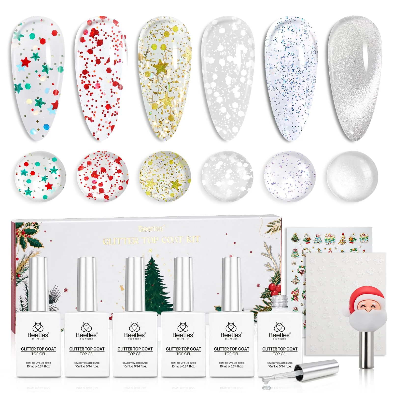 Beetles Glitter Gel Top Coat Set - 6Pcs 10ml Sparkle Glitter Cat Eye Top Coat Gel Nail Polish