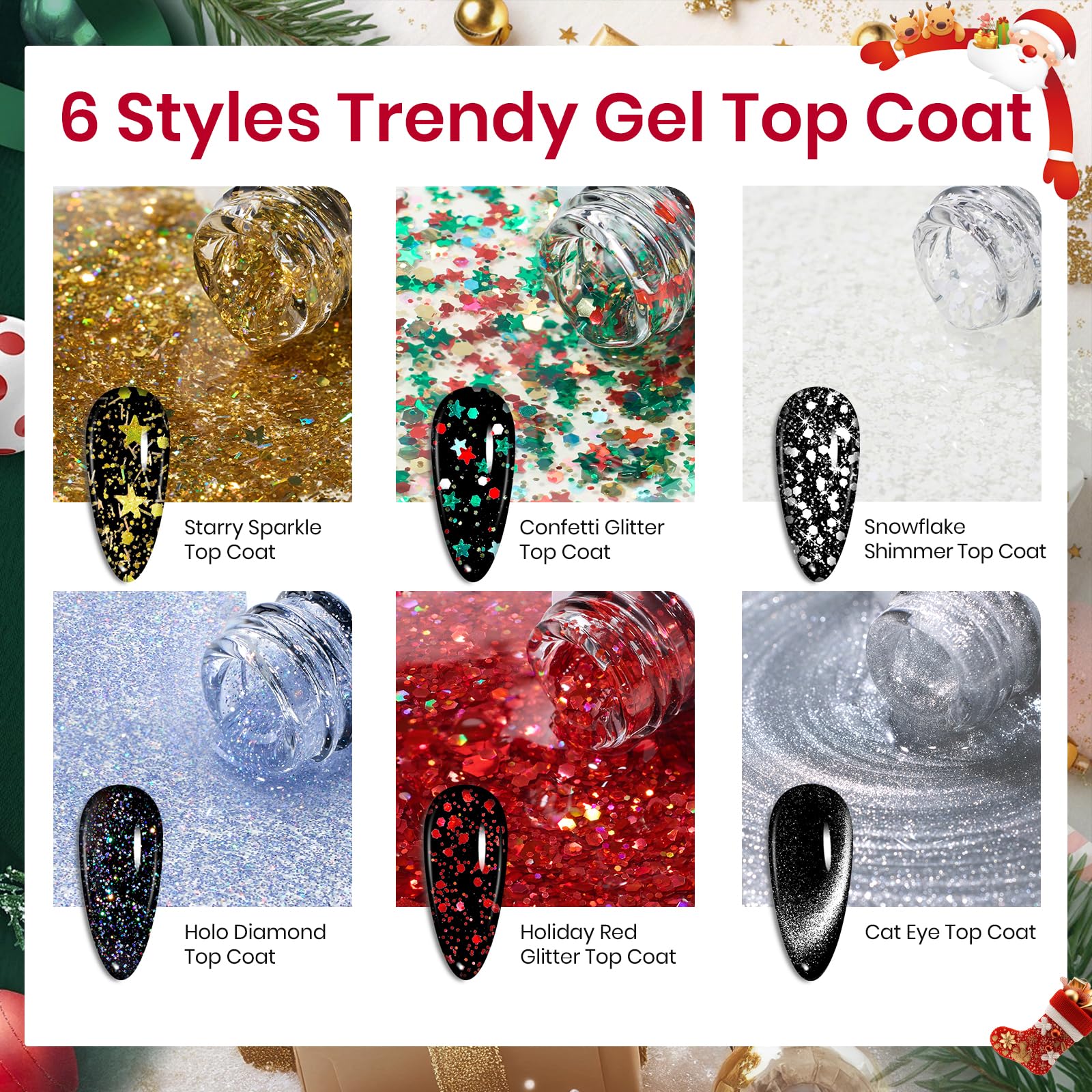 Beetles Glitter Gel Top Coat Set - 6Pcs 10ml Sparkle Glitter Cat Eye Top Coat Gel Nail Polish - Image 3