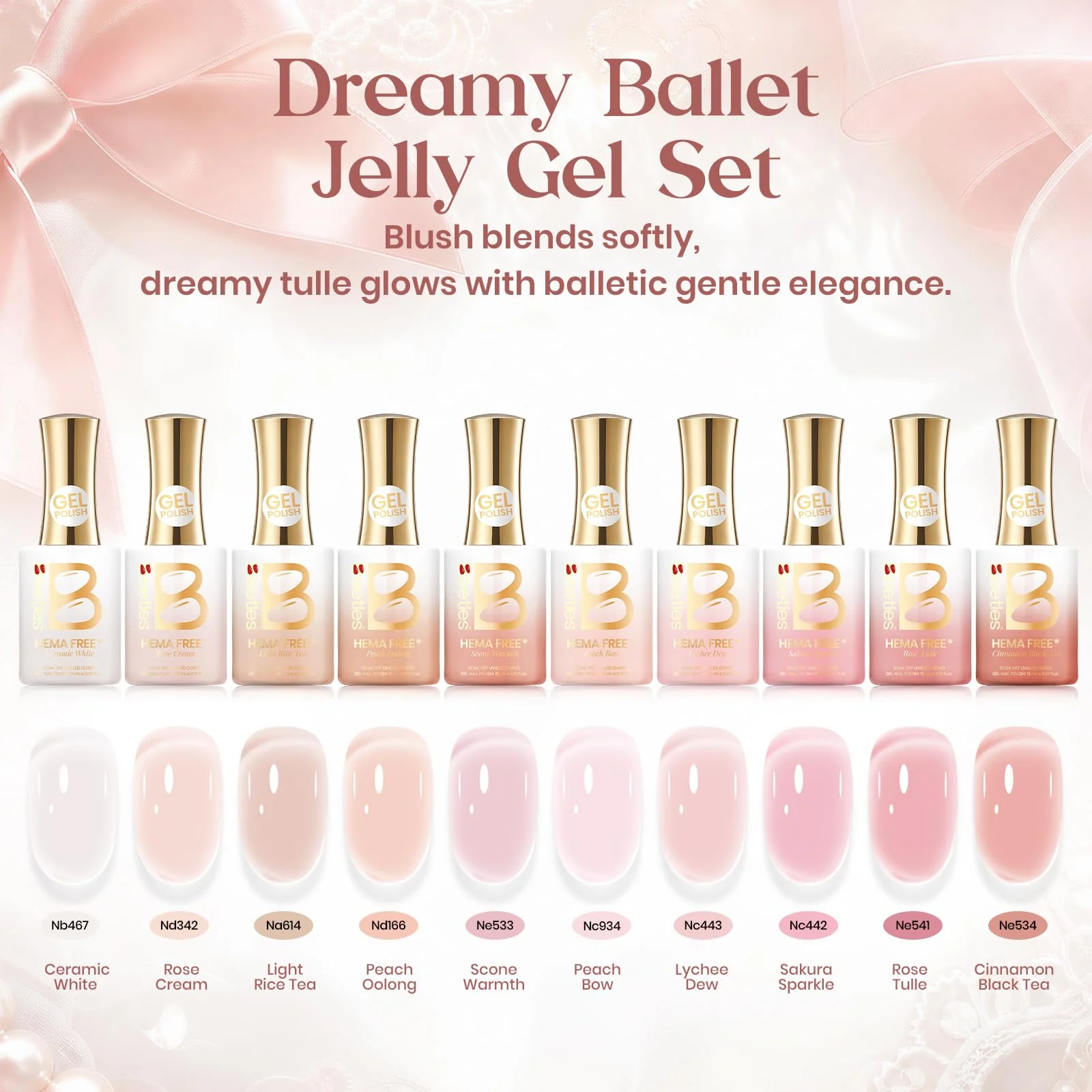 Beetles Dreamy Ballet Nude Summer Nail Gel Polish Set- HEMA FREE 10 Colors 15ML Jelly Pink Nail - Image 2