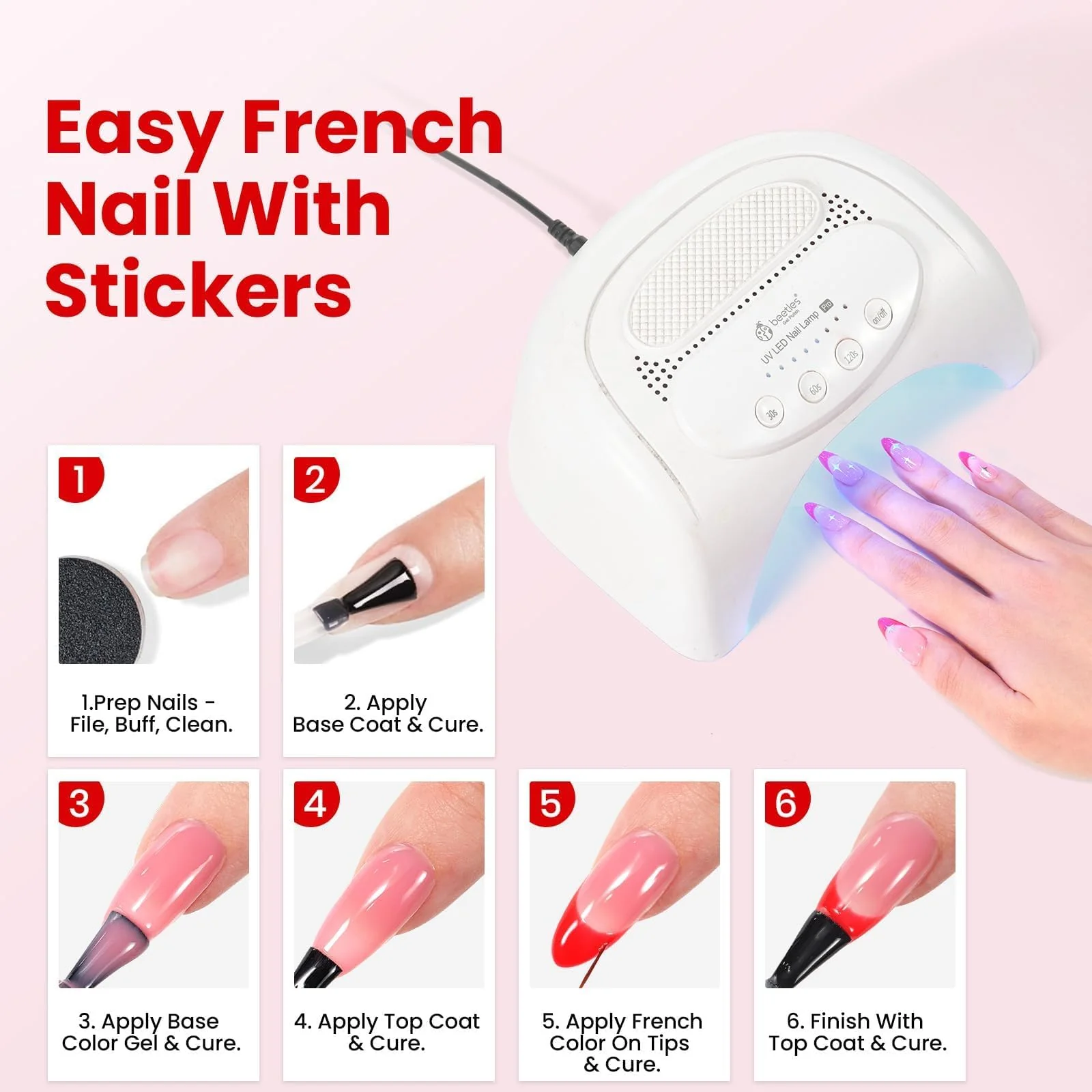 Beetles French Tip Gel Polish - Dusky Rose with Base Coat Top Coat Hema Free - Image 7