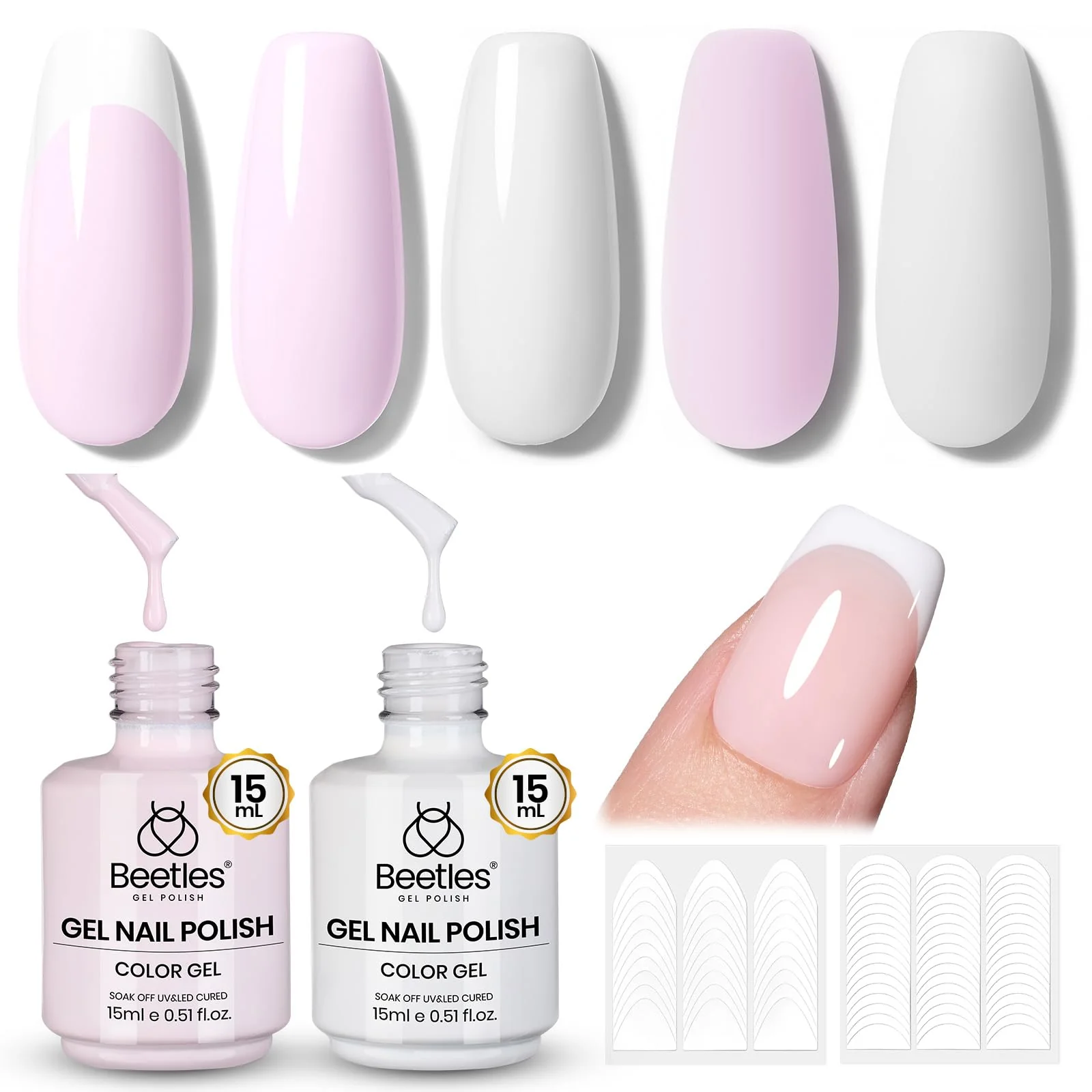 Beetles French Tip Gel Polish Set - White Nude Pink Gel Nail Polish Set Soak Off UV LED with 2 Styles Classic French Nail - Image 8