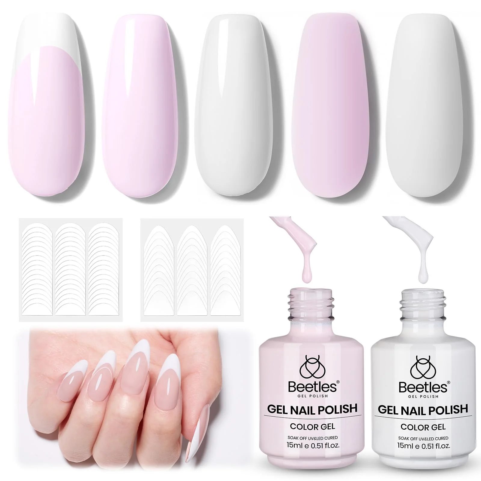 Beetles French Tip Gel Polish Set - White Nude Pink Gel Nail Polish Set Soak Off UV LED with 2 Styles Classic French Nail - Image 9