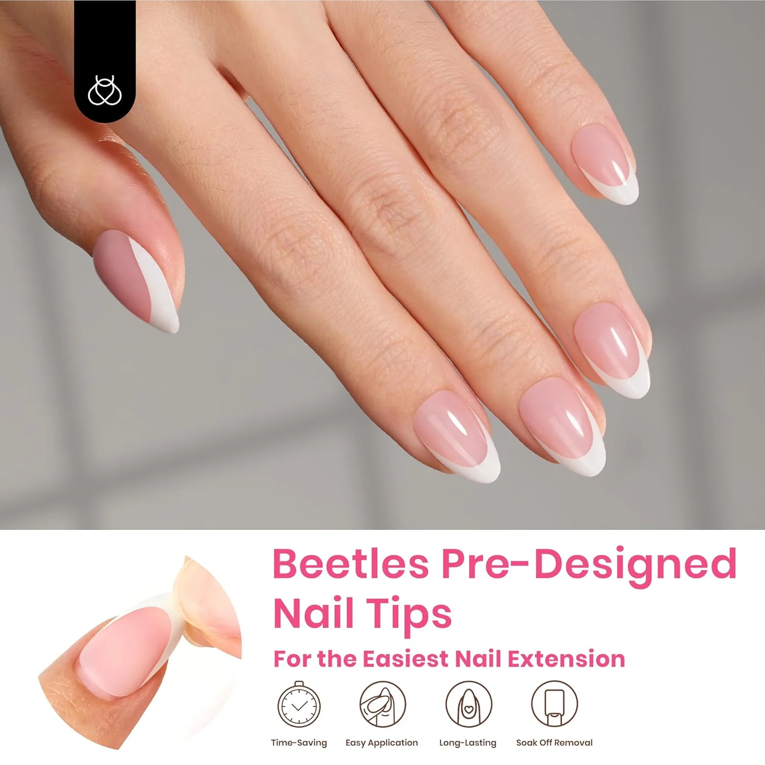 Beetles French Tips Press on Nails,224 pcs Short Almond Beetles Nail Tips,16 Size Extra Short Press on Nails Fake Nails DIY Salon for Women - Image 2