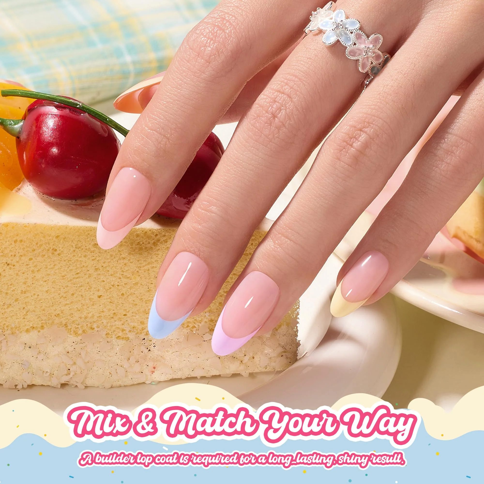 Beetles French Tips Press On Nails, Pastel Nails Medium Almond 6 Colors 192 Pcs Fake Nail Tips - Image 3