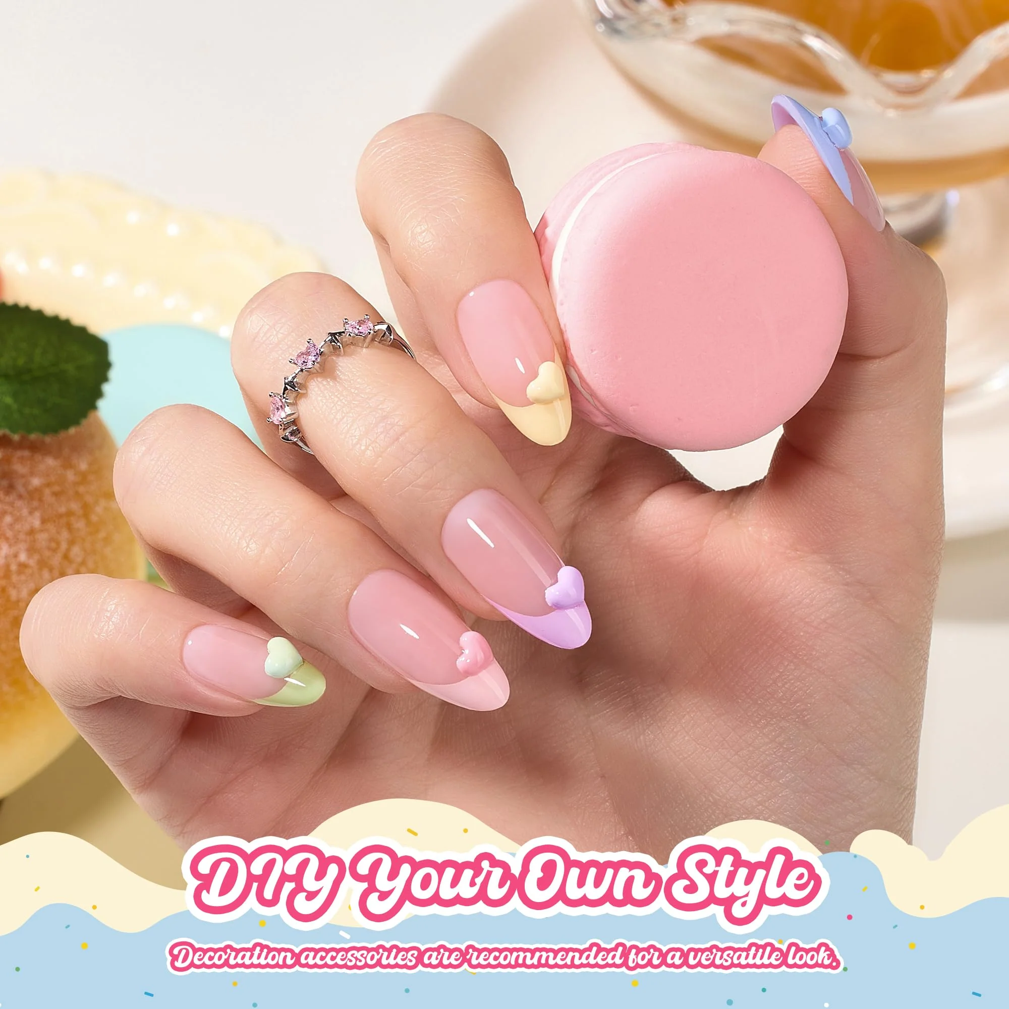 Beetles French Tips Press On Nails, Pastel Nails Medium Almond 6 Colors 192 Pcs Fake Nail Tips - Image 4