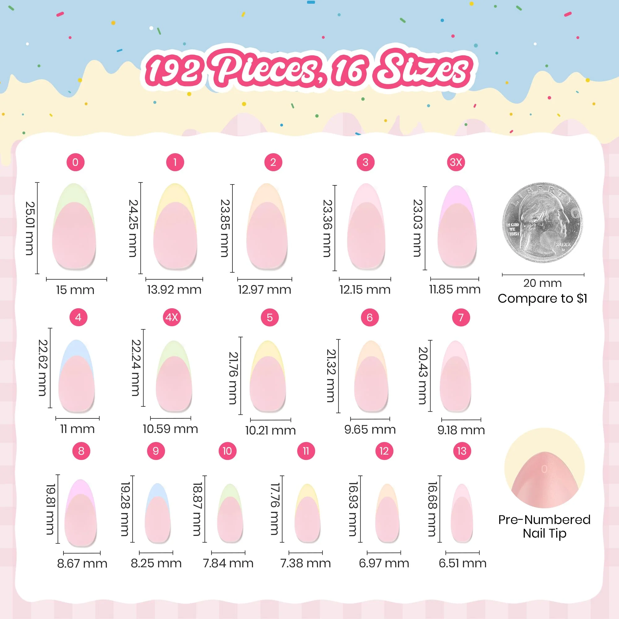 Beetles French Tips Press On Nails, Pastel Nails Medium Almond 6 Colors 192 Pcs Fake Nail Tips - Image 5