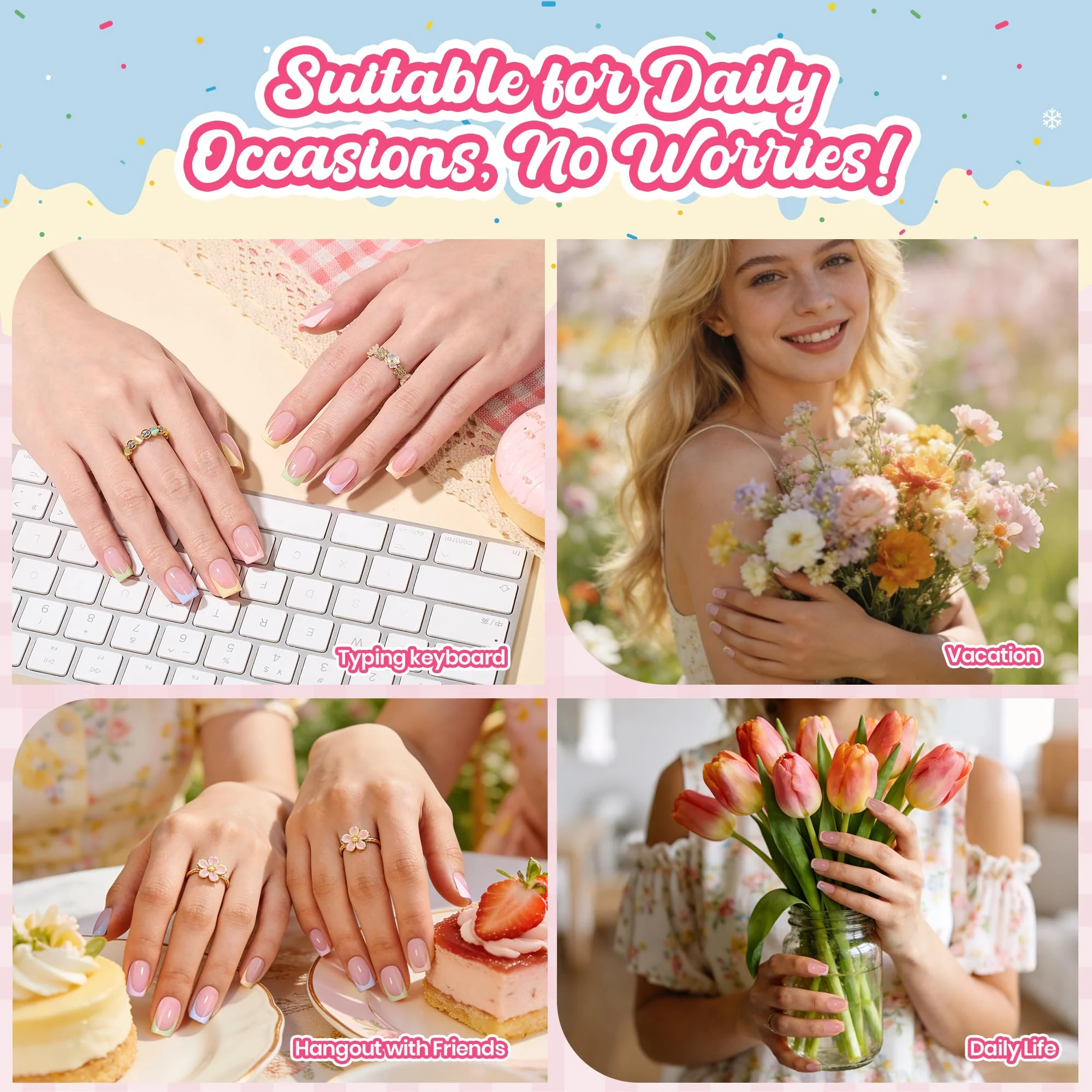 Beetles French Tips Press On Nails, Pastel Nails Short Almond 6 Colors 192 Pcs Fake Nail Tips - Image 3