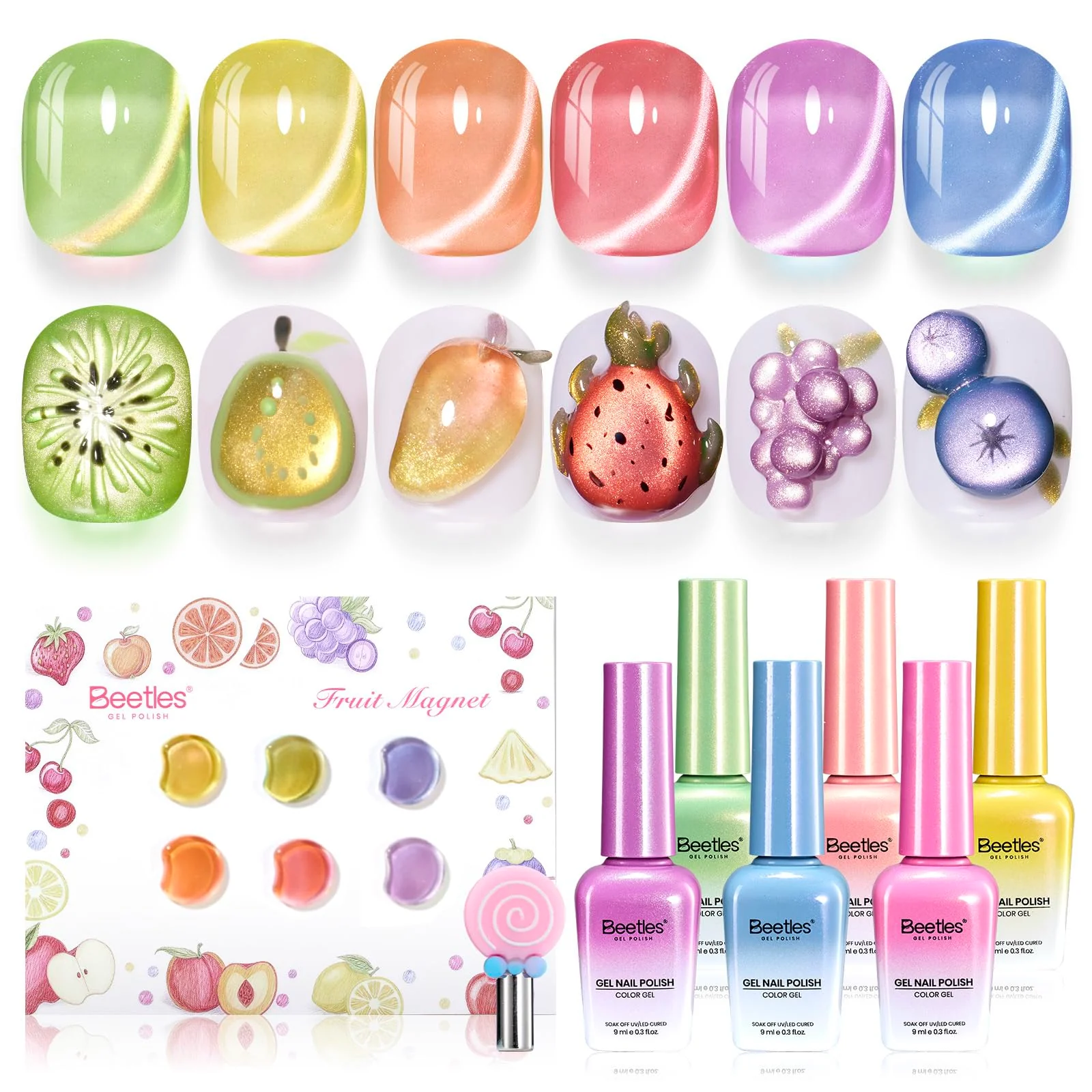 Beetles Fruit Magnet Cat Eye Gel Nail Polish Set - Nails 6 Colors Gel Polish Kit Glitter Cat Eye