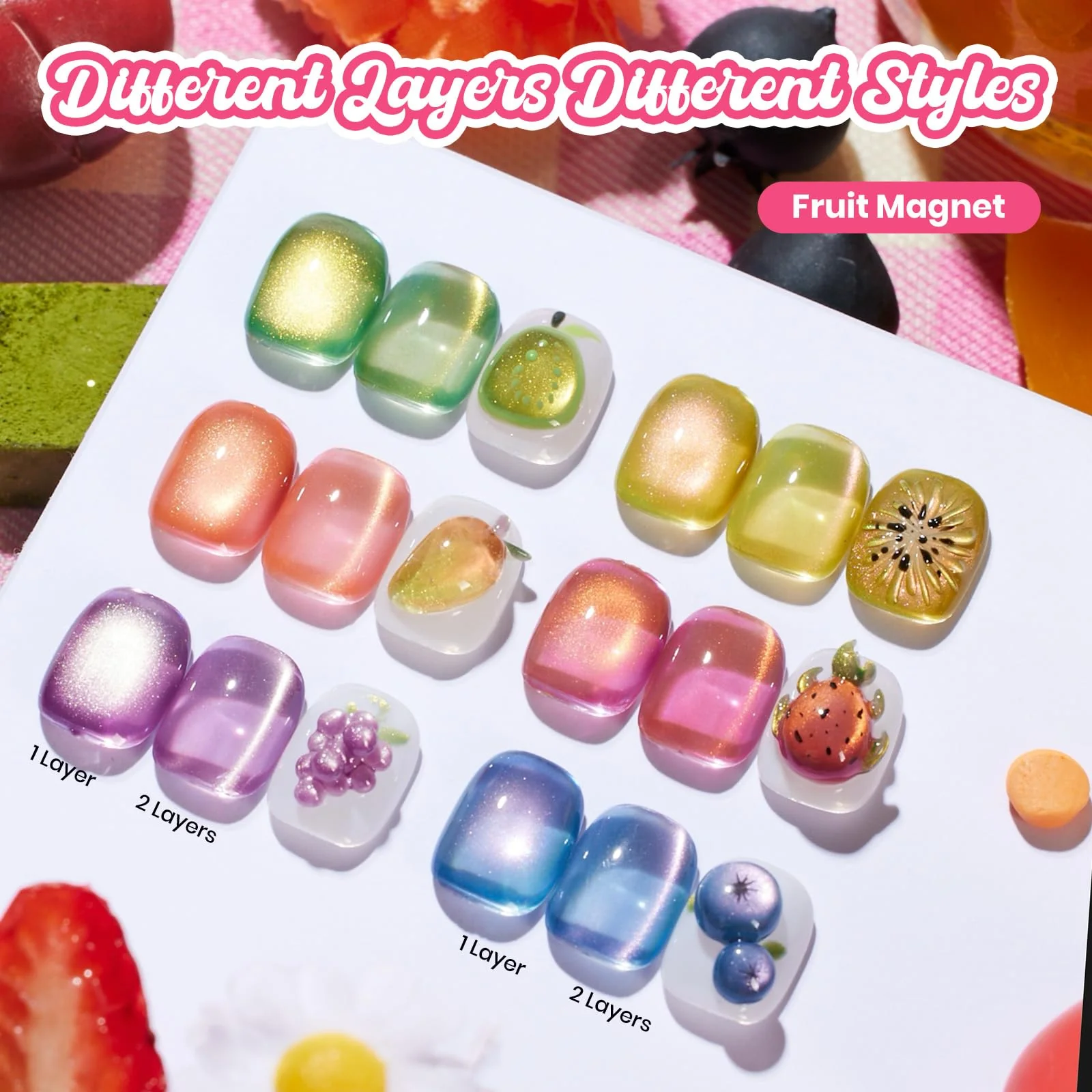 Beetles Fruit Magnet Cat Eye Gel Nail Polish Set - Nails 6 Colors Gel Polish Kit Glitter Cat Eye - Image 2