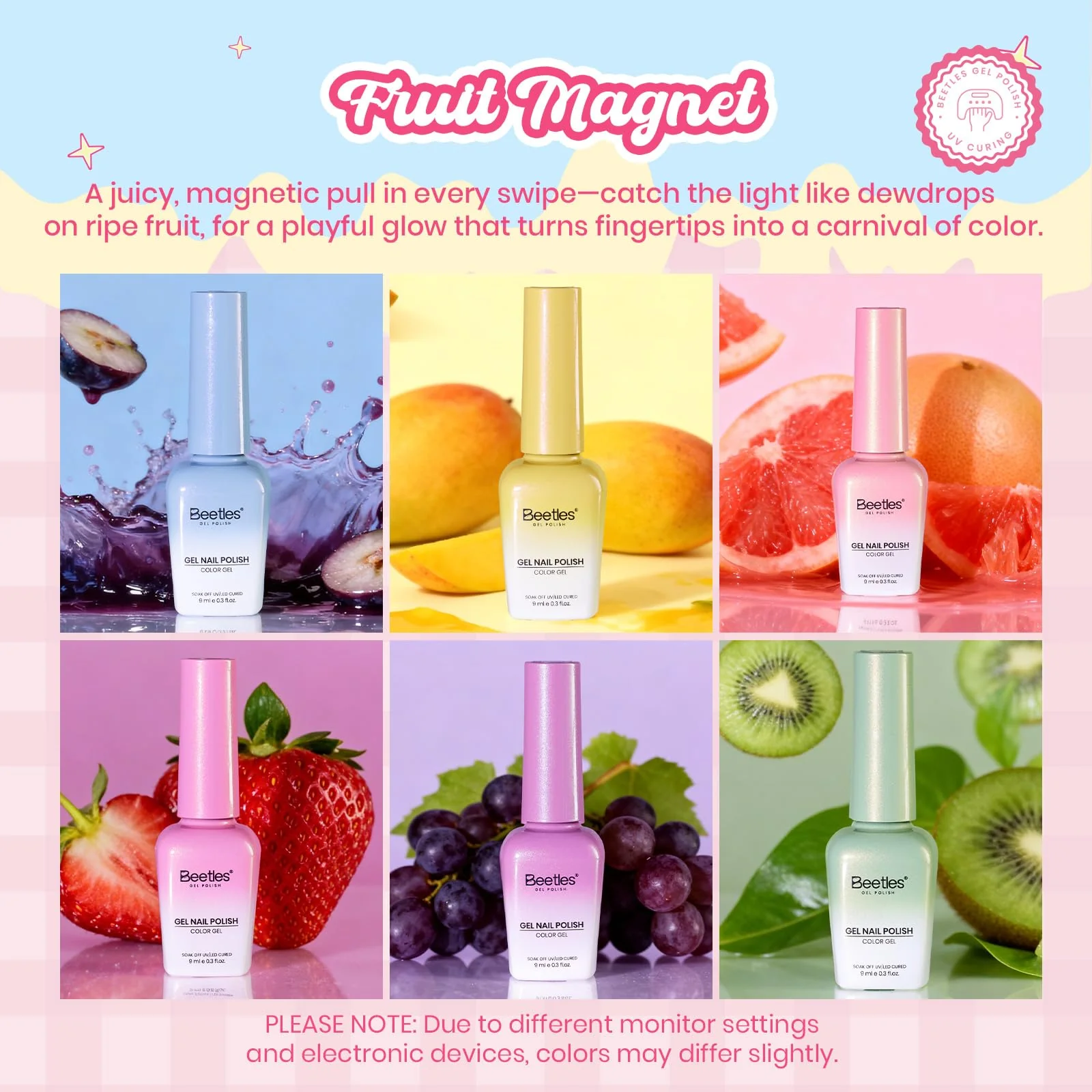 Beetles Fruit Magnet Cat Eye Gel Nail Polish Set - Nails 6 Colors Gel Polish Kit Glitter Cat Eye - Image 3