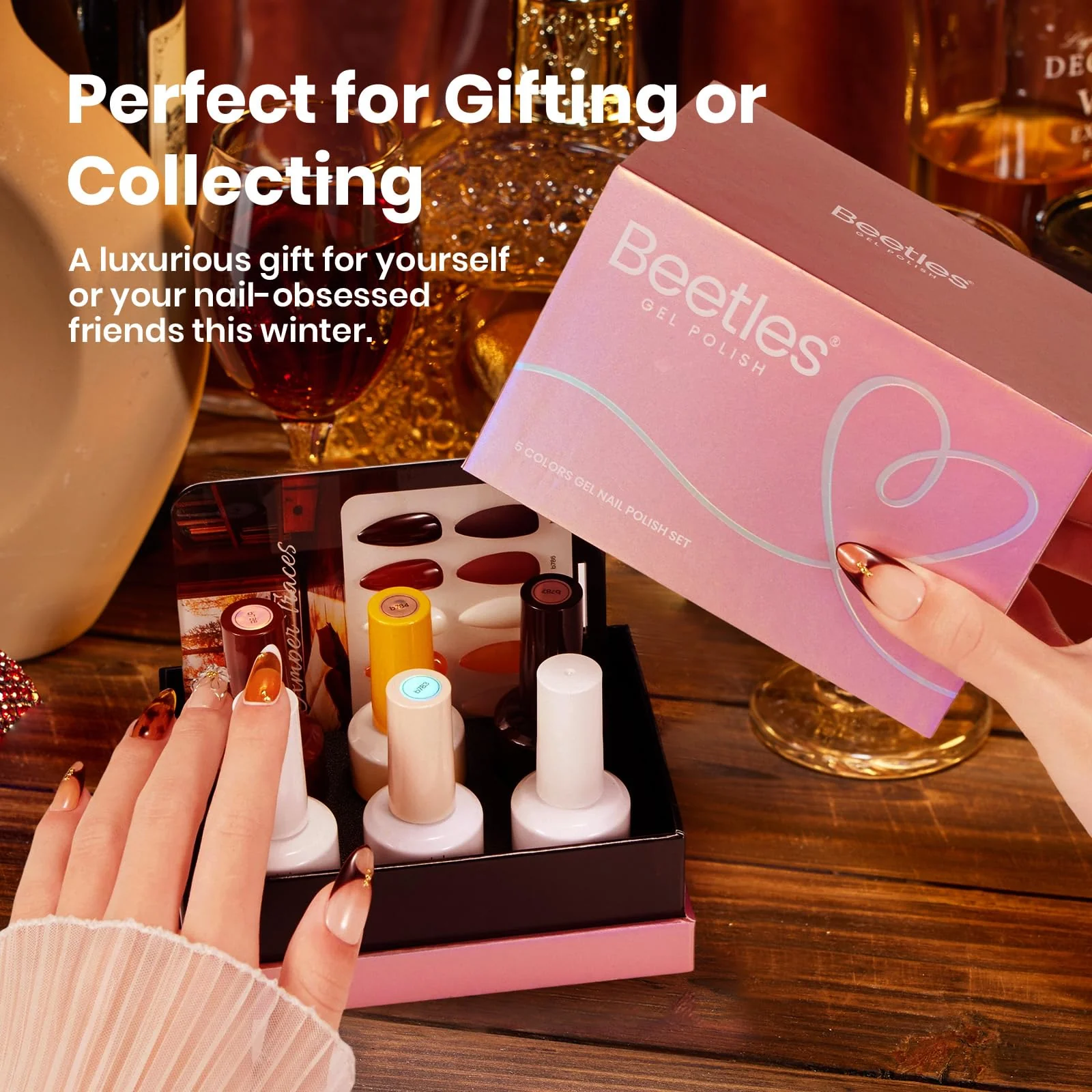 Beetles Gel Nail Polish Amber Traces 5 Colors Set 15ML White Jelly Nude Brown with 1 Bottle Blooming Gel - Image 5