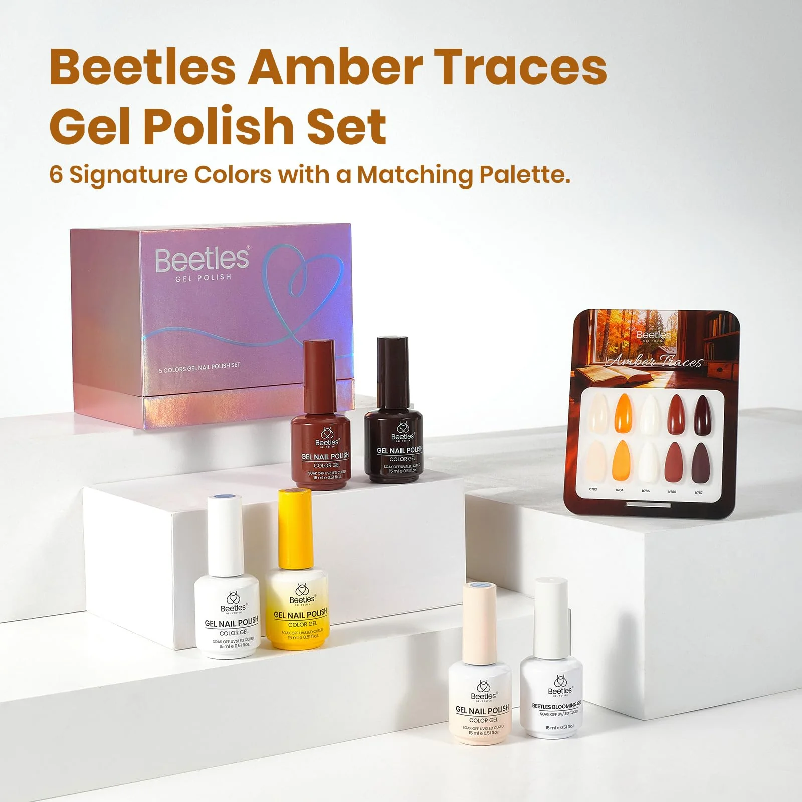 Beetles Gel Nail Polish Amber Traces 5 Colors Set 15ML White Jelly Nude Brown with 1 Bottle Blooming Gel - Image 7