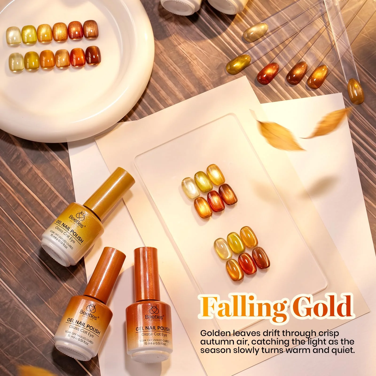Beetles Gel Nail Polish Falling Gold 6 Colors 15ML Gold Brown Orange Cat Eye Glitter Gel Polish Kit - Image 7