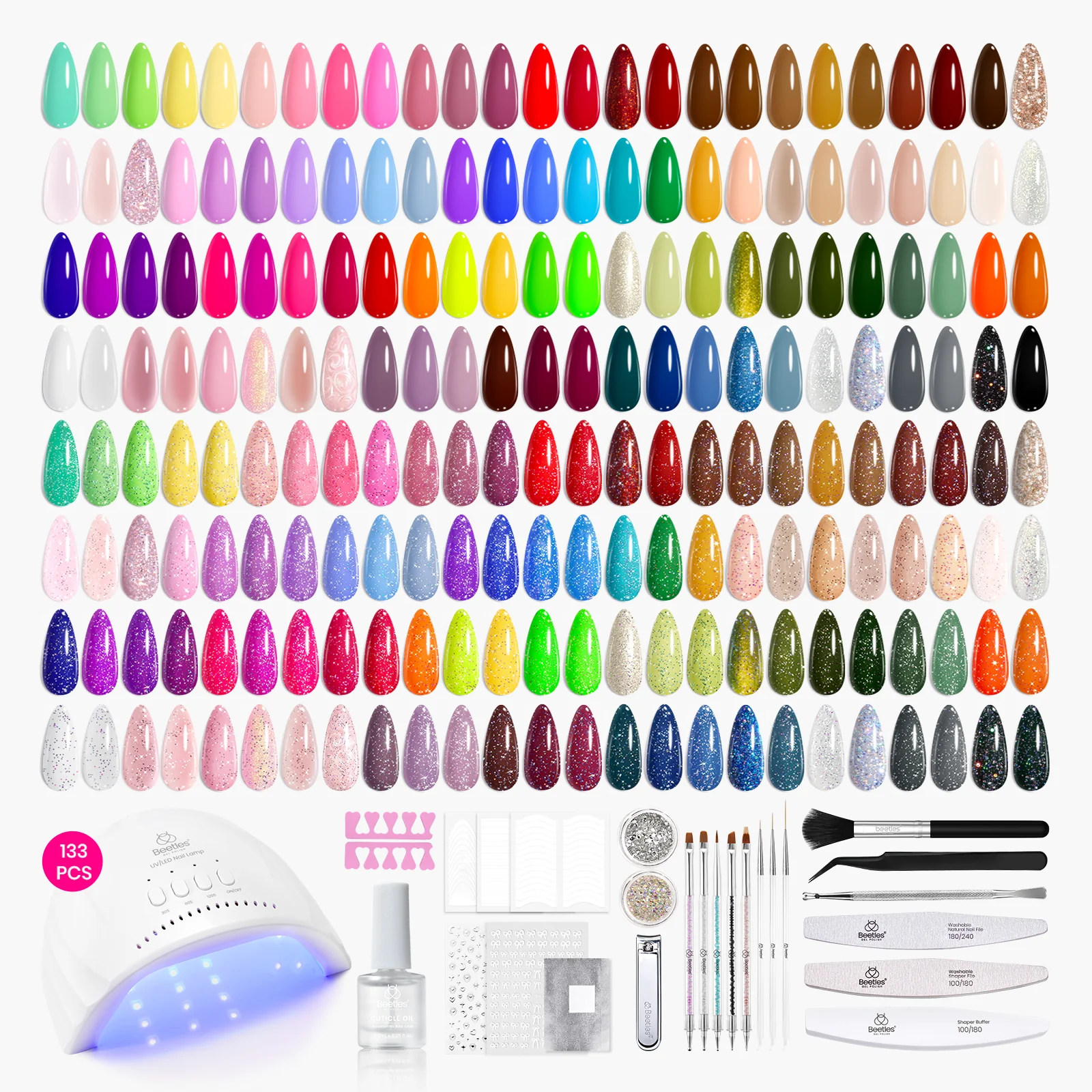 Beetles Gel Nail Starter Kit With UV Light 100 Colors 133 Pcs Summer Nails All-in-One Mani Set