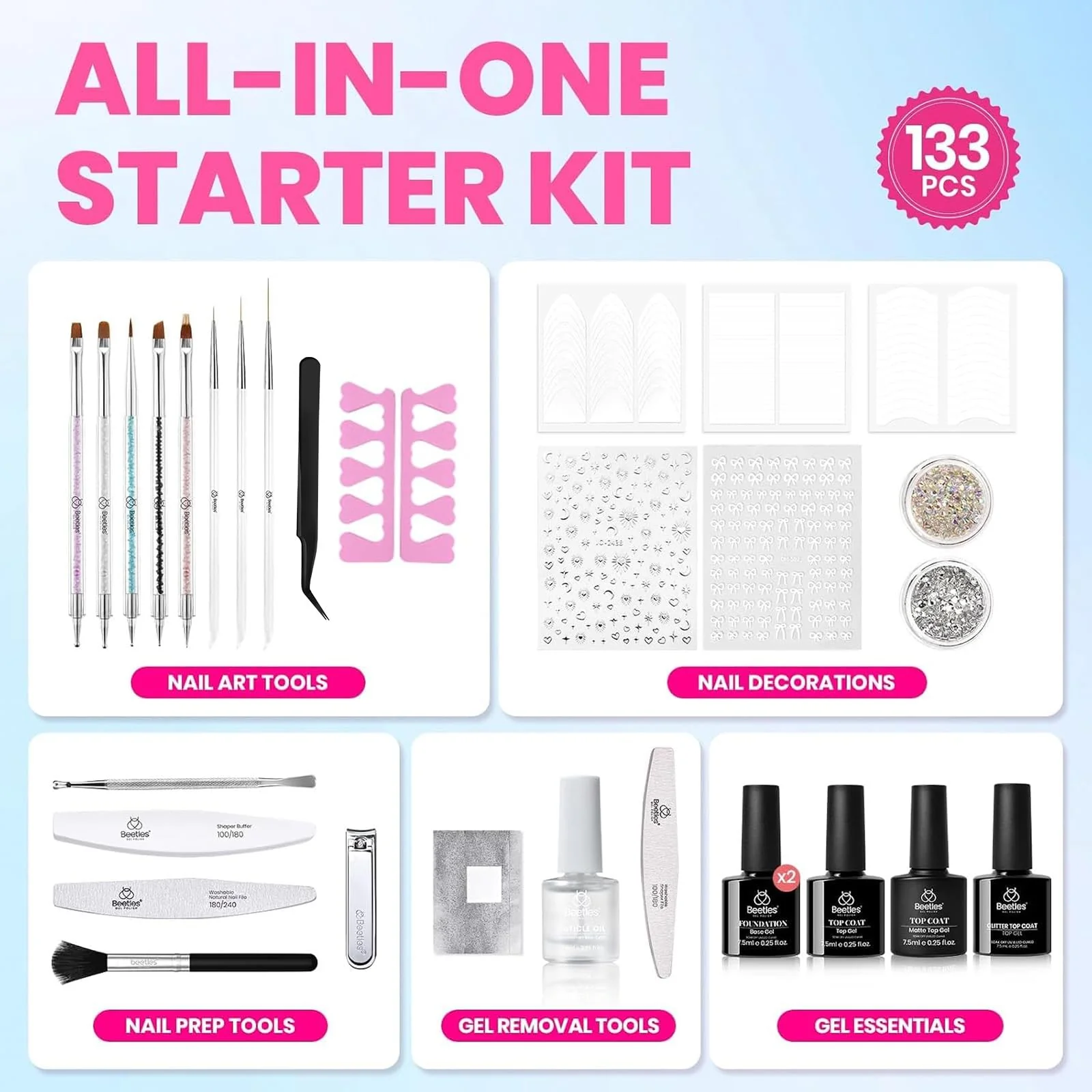 Beetles Gel Nail Starter Kit With UV Light 100 Colors 133 Pcs Summer Nails All-in-One Mani Set - Image 4