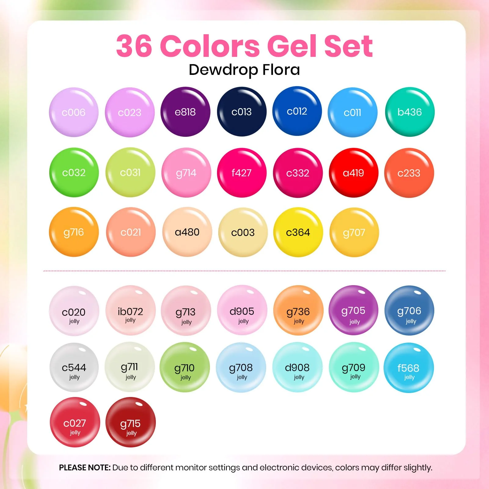 Beetles Gel Nail Polish Set - 36 Colors Dewdrop Flora Gel Nail Kit Jelly Pink Milky White Yellow Purple Green Natural Classic Color Set - Image 4