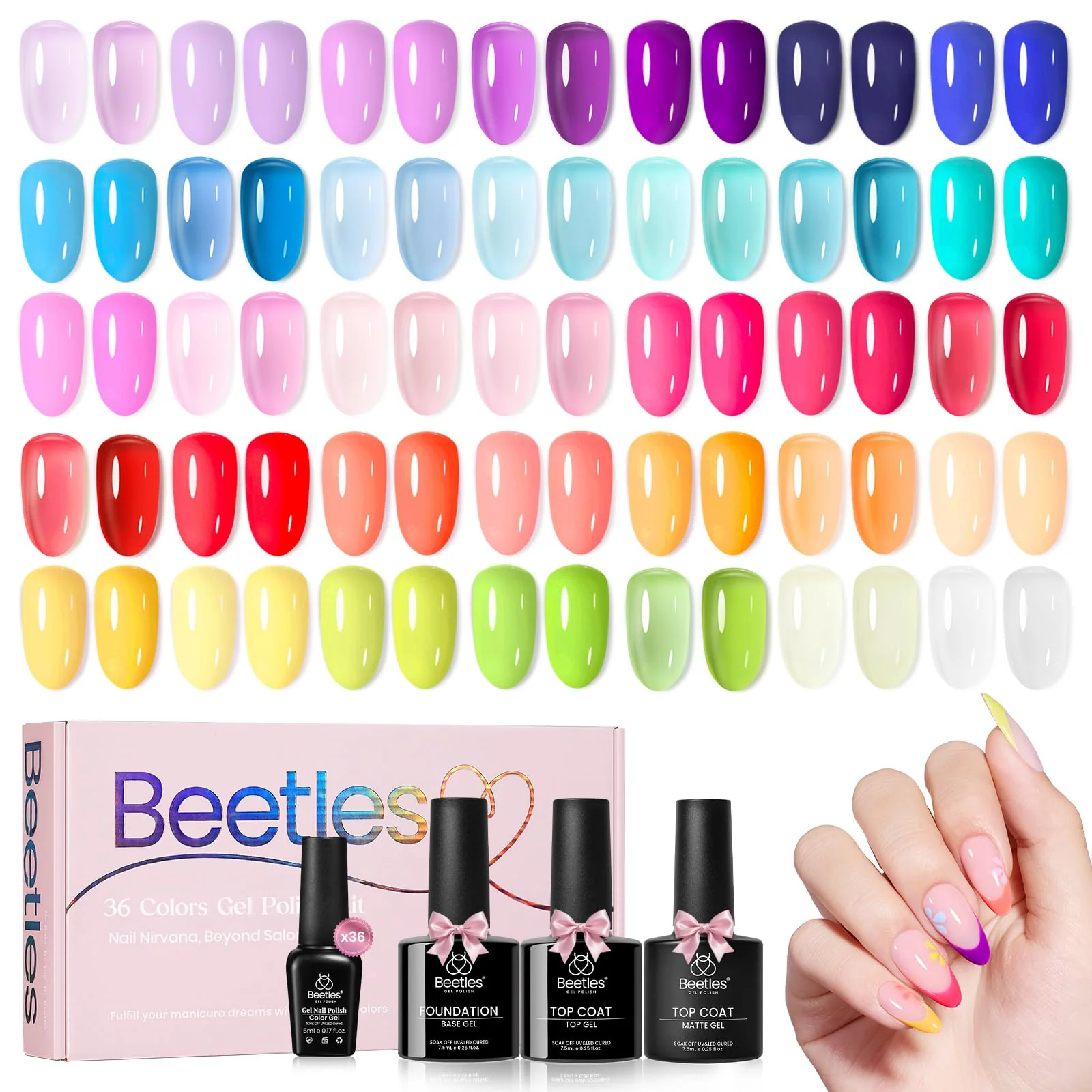 Beetles Gel Nail Polish Set - 36 Colors Dewdrop Flora Gel Nail Kit Jelly Pink Milky White Yellow Purple Green Natural Classic Color Set - Image 7
