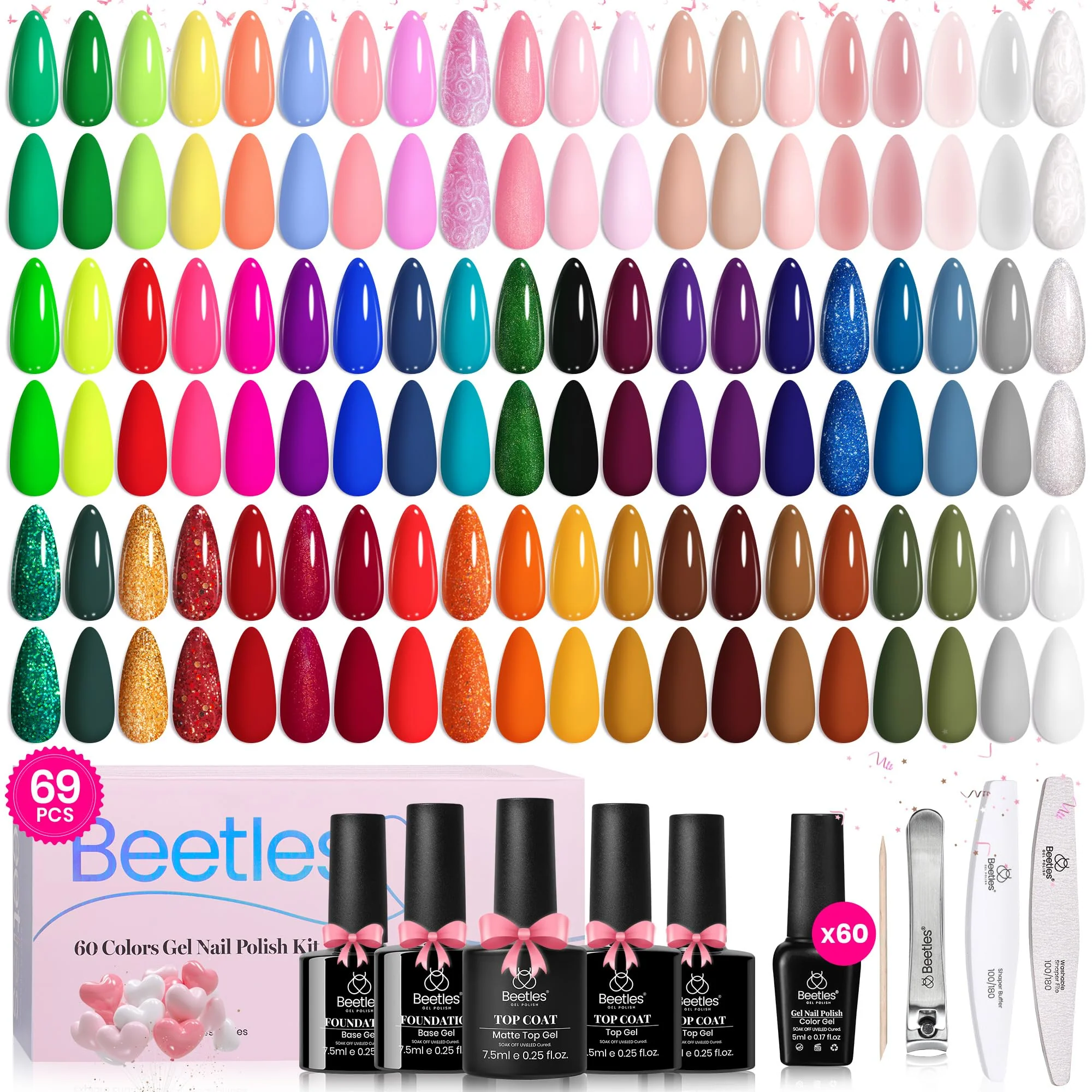 Beetles Gel Nail Polish Set | Summer Nails 60 Colors Long Wearing Neon Pastel 69pcs - Image 8