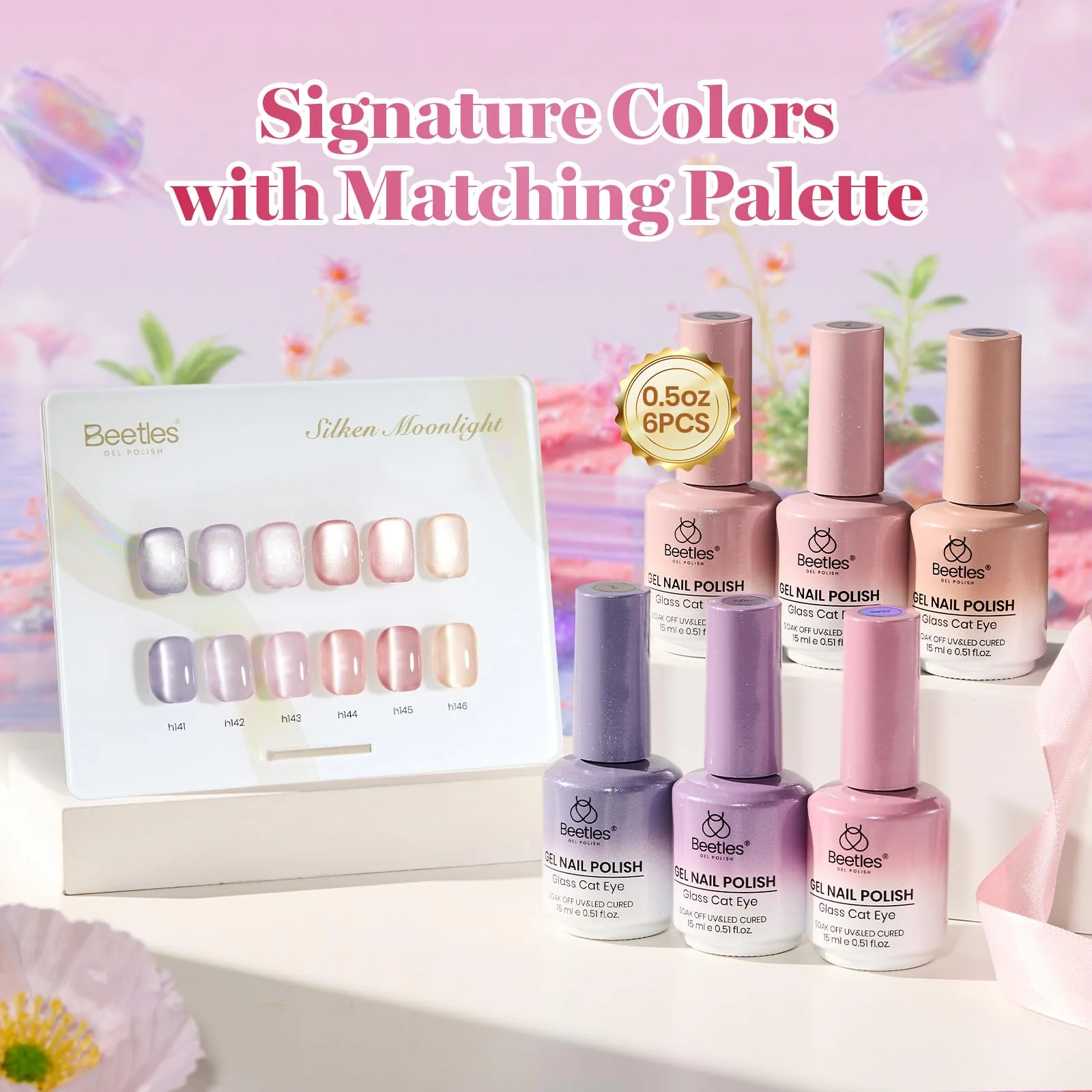Beetles Gel Nail Polish Silken Moonlight Summer Nails 6 Colors 15ML Gold Purple Pink Nude Cat Eye Glitter Gel Polish Kit - Image 2