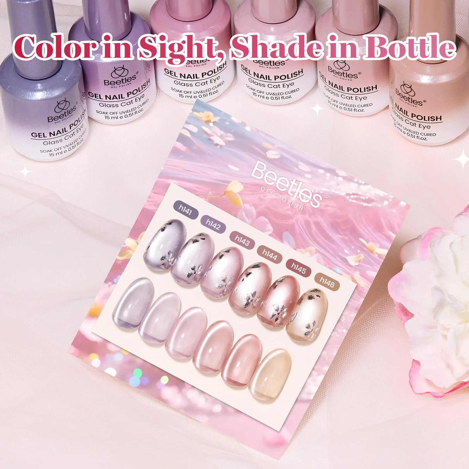 Beetles Gel Nail Polish Silken Moonlight Summer Nails 6 Colors 15ML Gold Purple Pink Nude Cat Eye Glitter Gel Polish Kit - Image 4