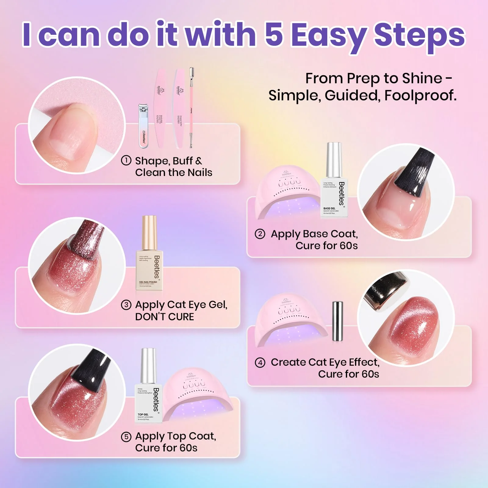 Beetles Gel Nail Starter Kit Illusion Glow Cat Eye Summer Nails 96Pcs 20 Colors With UV Light All-in-One Mani Kit - Image 6