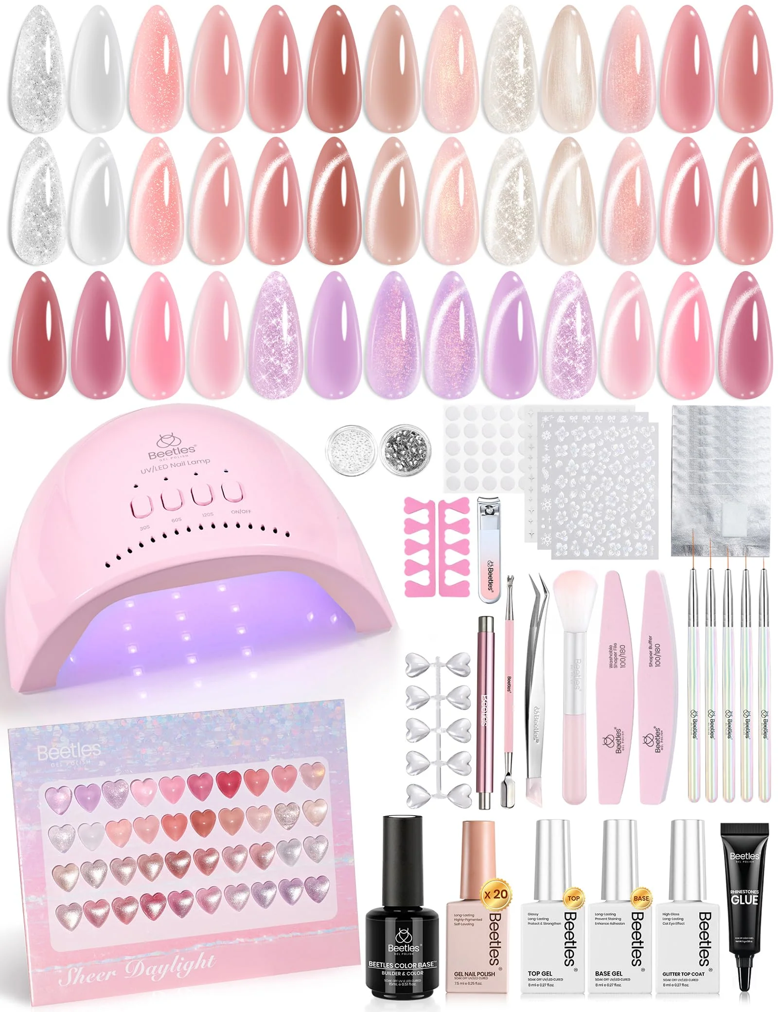 Beetles Gel Nail Starter Kit Sheer Daylight Cat Eye Summer Nails 80Pcs 20 Colors Jelly Gel Nude Red Purple Glitter All-in-One Mani Kit