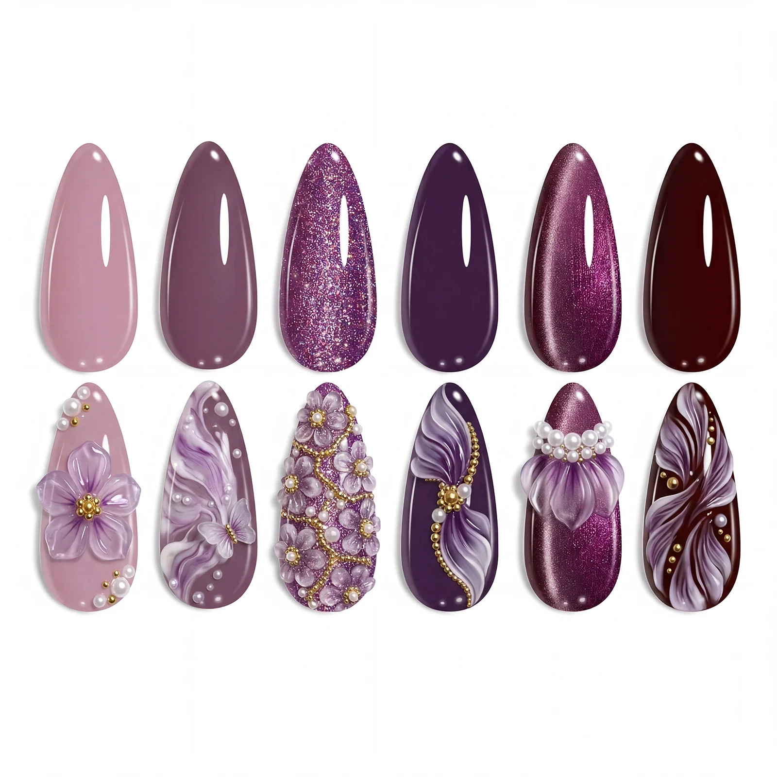 Beetles Purple Gel Nail Polish Set 6 Colors Muse of Midnight Deep Dark Light Purple Glitter Cat Eye